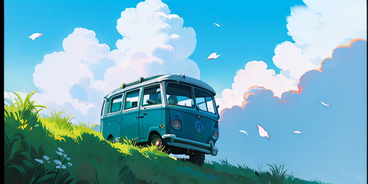 (((melhor qualidade))))), cenário lindo e deslumbrante com Volkswagen Kombi no caminho estúdio de pintura a óleo Ghibli Sanio Miyazaki Ranch pétalas com céu azul e nuvens brancas --v6