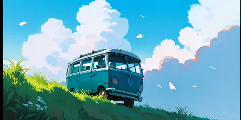 (((best quality))))), beautiful and stunning scenery with Volkswagen Kombi on the way oil painting studio Ghibli Sanio Miyazaki ...