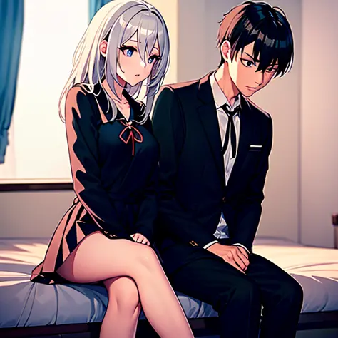 (masterpiece), (best quality), highres, ((((1girl she has long gray hair with blue eyes and 1boy he has short black hair with re...