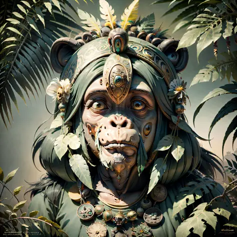Cheerful Chimpanzee Head ((Shaman)),((meditative state),,Shaman, elegant chimpanzee, hair with details, with Indian headdress on...