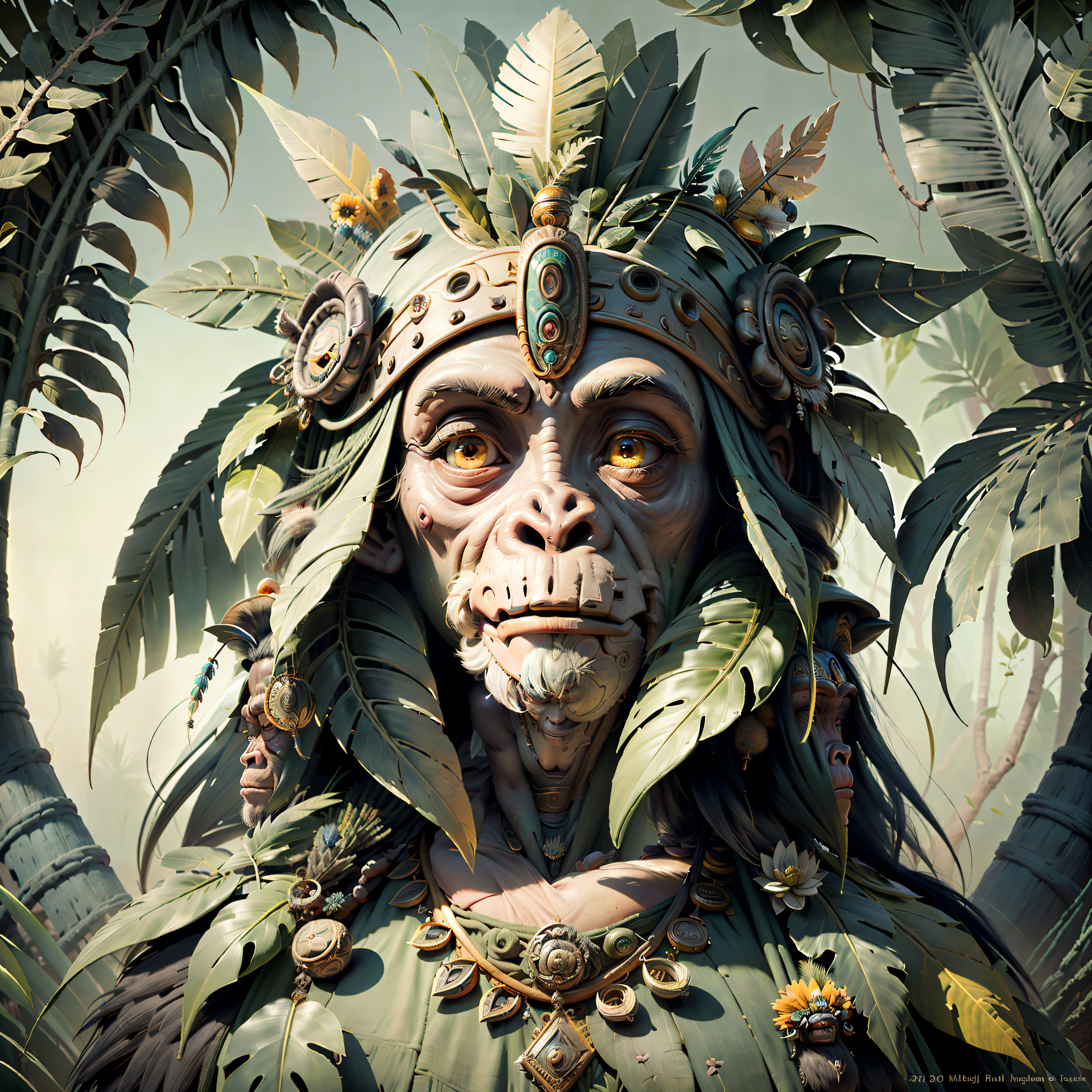 Cheerful Chimpanzee Head ((Shaman)),((meditative state),,Shaman, elegant chimpanzee, hair with details, with Indian headdress on head, ((meditating)) many colorful feathers, colored feathers, facing the camera, detail: dense tropical foliage, highly detailed intricate, ((masterpiece)), ultra hyperrealistic, masterpiece