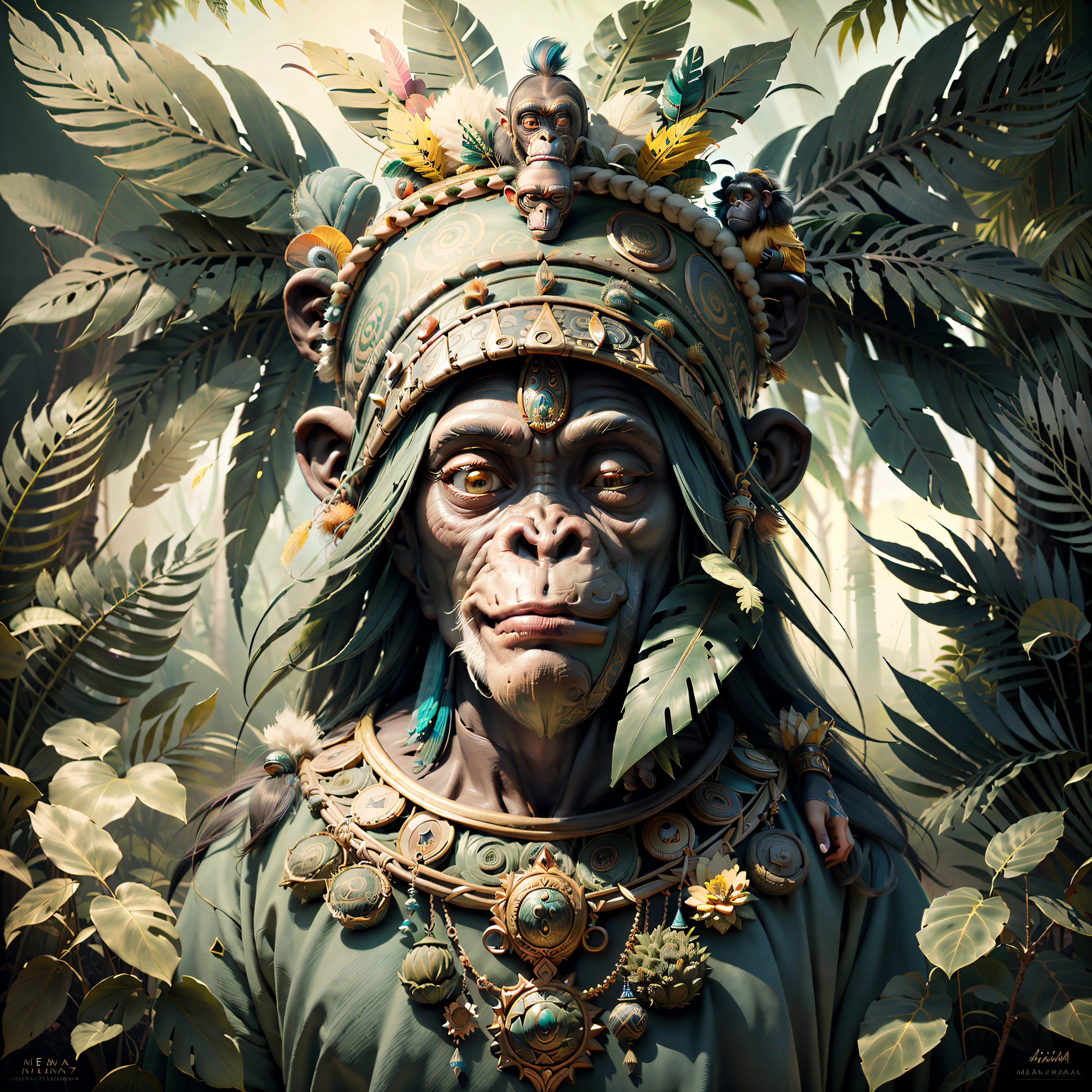 Tête de chimpanzé joyeuse ((chaman)),((état méditatif),,chaman, chimpanzé élégant, hair with détails, avec une coiffe indienne sur la tête, ((Méditer)) beaucoup de plumes colorées, Plumes colorées, Face à la caméra, détail: feuillage tropical dense, highly détailed intricate, ((chef-d&#39;œuvre)), ultra hyperréaliste, chef-d&#39;œuvre