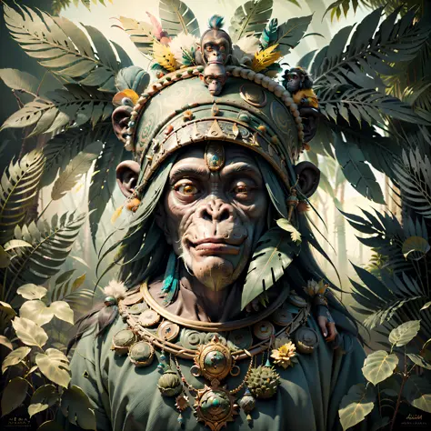 Cheerful Chimpanzee Head ((Shaman)),((meditative state),,Shaman, elegant chimpanzee, hair with details, with Indian headdress on...