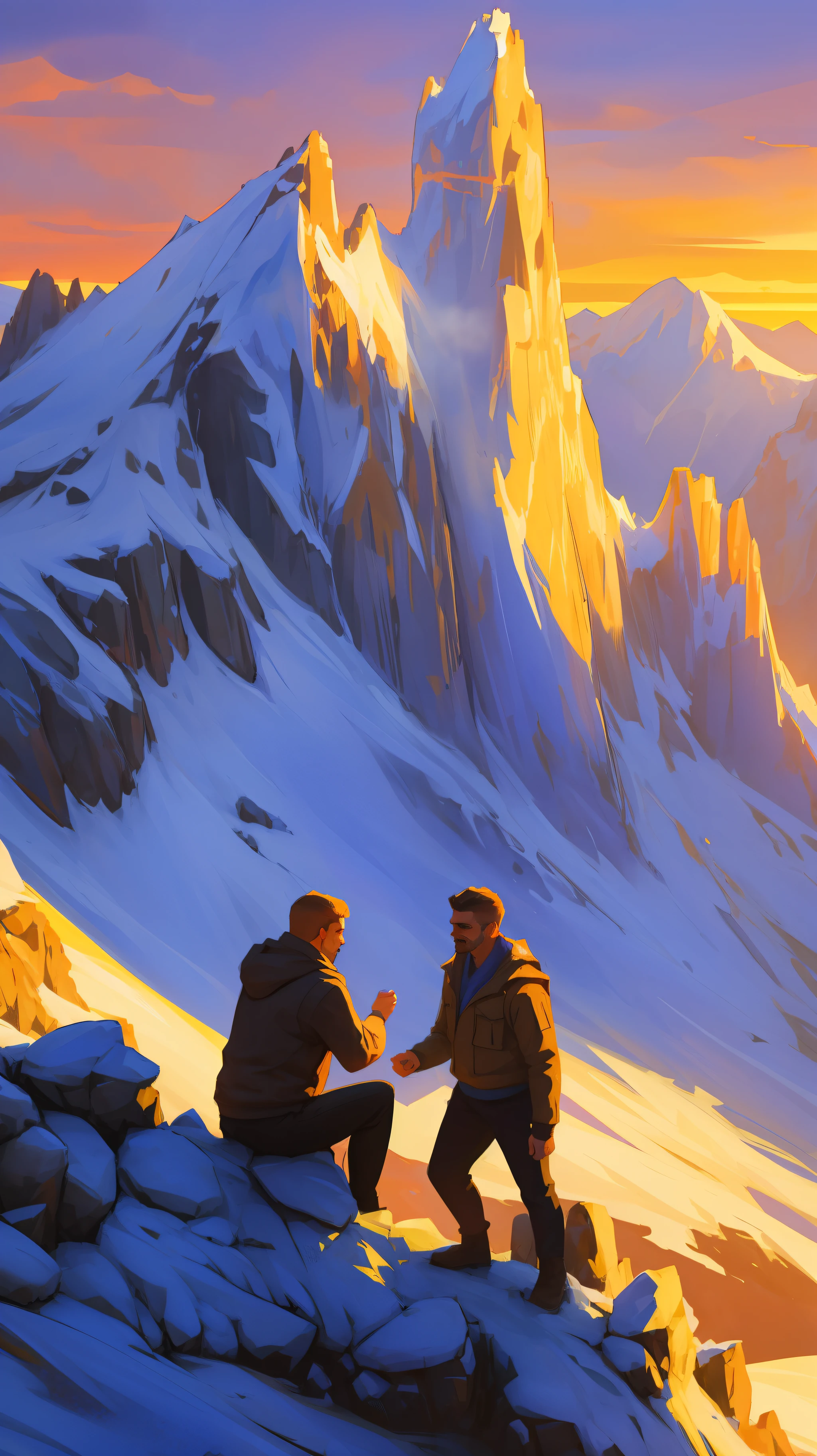 Father and son in close-up mountaintop, beautiful valley, sunset, fantasy image, 4k