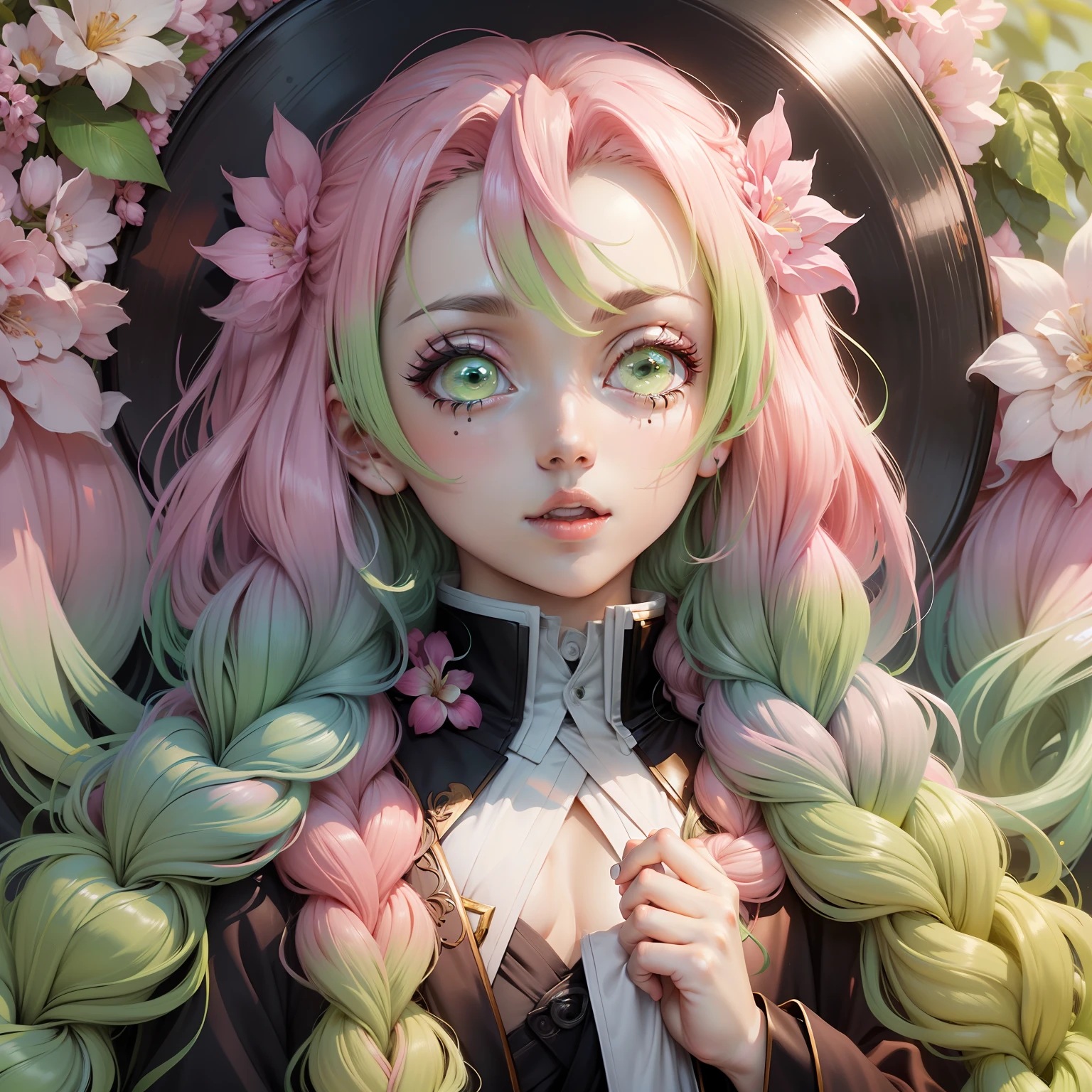 ultra detailed anime style woman, focus on beautiful face with big anime eyes, hyperdetailed face, (dark robes), very light green eyes, big anime eyes, (((gradient color hair from pink to light-green))) (ombre pink hair with light green ends) cherry trees background, 2 long wide braids, illustration, drawing, anime, manga, vector, best quality, ultra detailed 32k resolution,