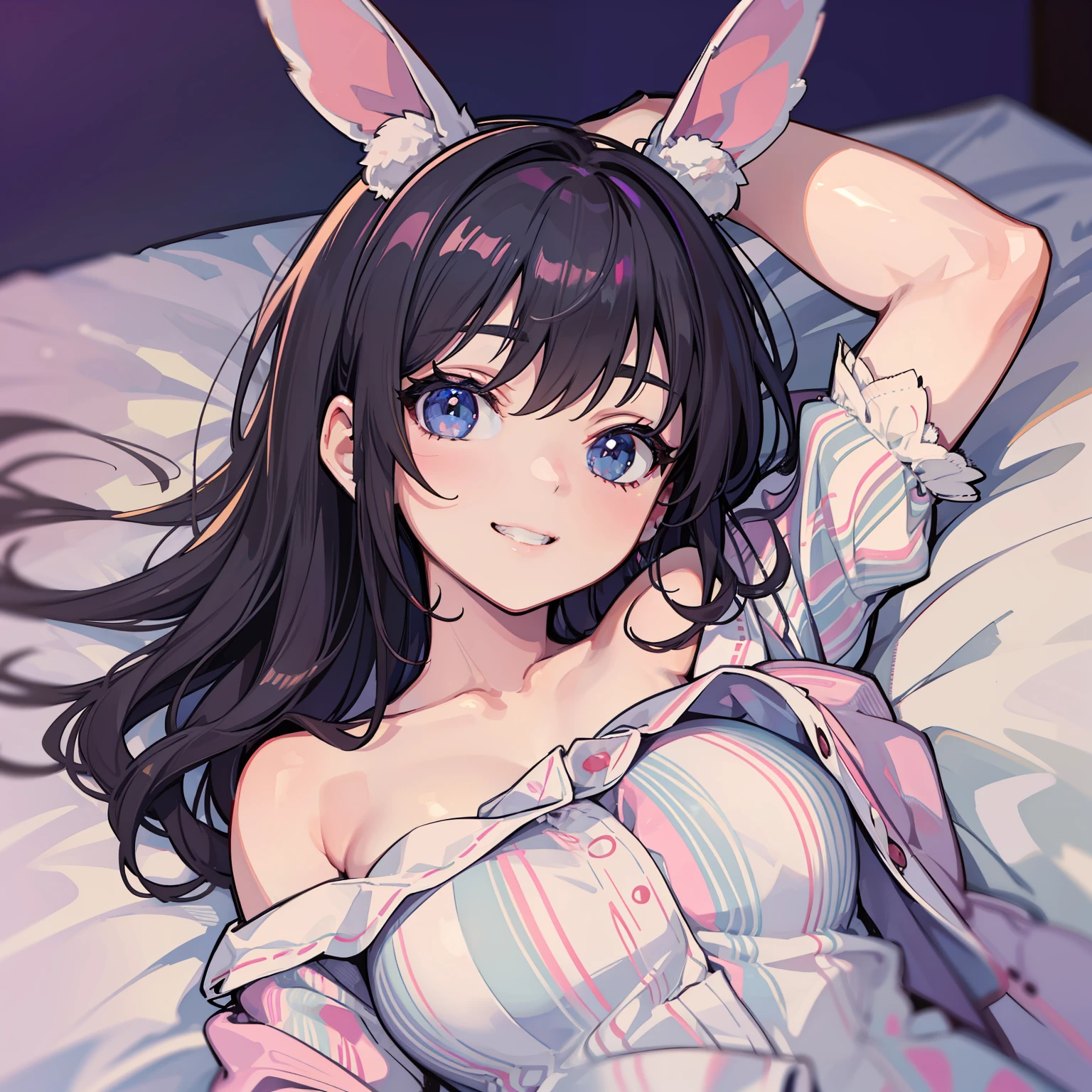 Chica anime acostada en la cama con orejas de conejo en la cabeza. - SeaArt  AI