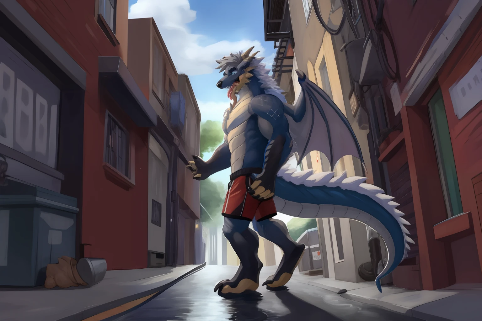 Bright eyes, panorama, character focus , solo, furry, furry male dragon, male red and white fur, blue eyes, gray hair (long), bare body, gray shorts, red and blue different pupils, eyes with love, young style, height one meter seven, handsome, has a wolf tail, a pair of dragon wings, shy, reproductive fluid flows to the whole body, alley, dim, multiple octopus tentacles, wrap the orc, drill into the tongue, drain, pour