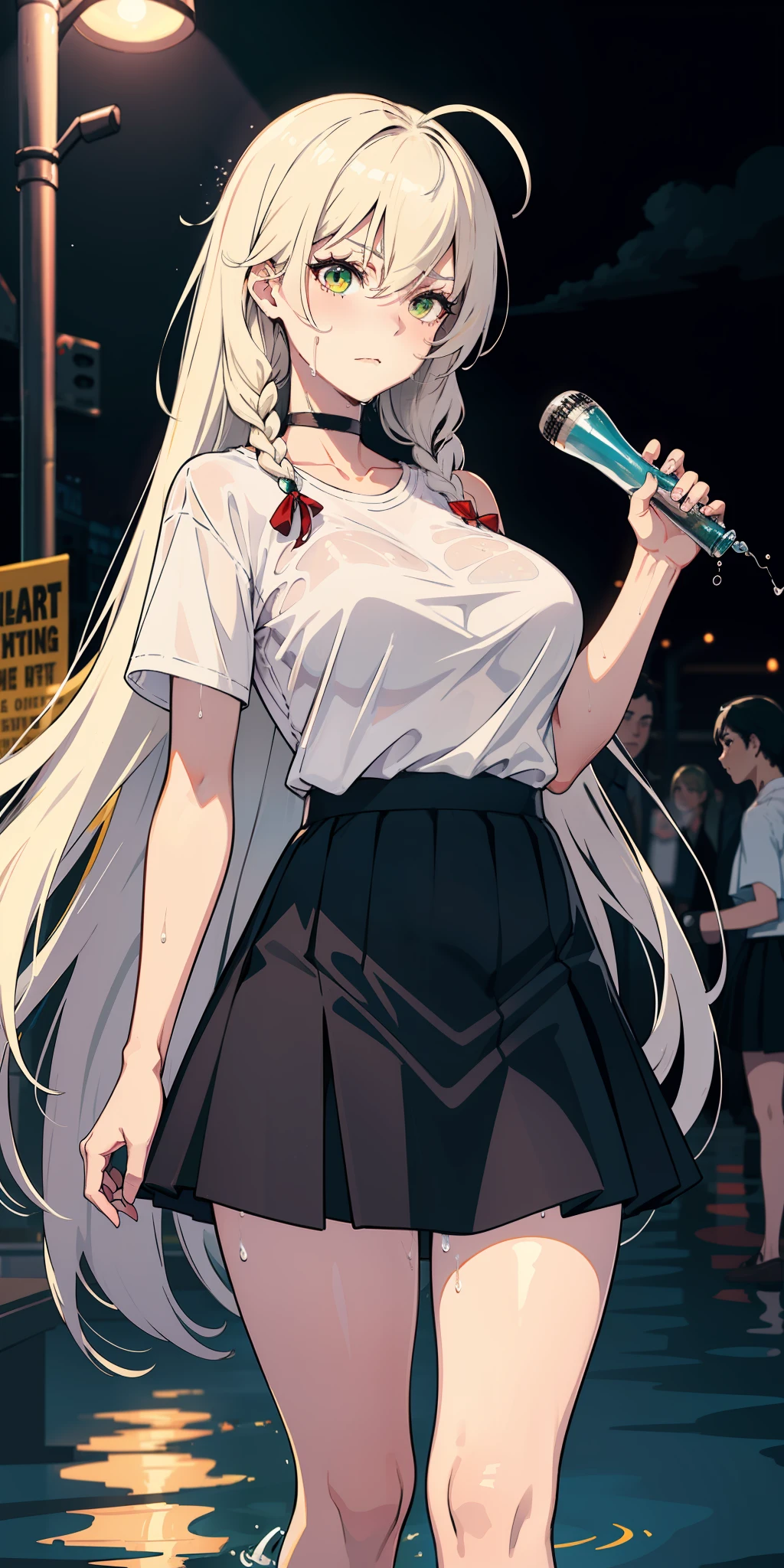 masterpiece, best quality, nsfw, 1girl, platinum blonde, long hair, green eyes, braids, giant bubbly breasts, on the street, night, neon, white t-shirt, braless, black skirt, poker face, front view, standing, in the crowd, drenched, red-faced, longing