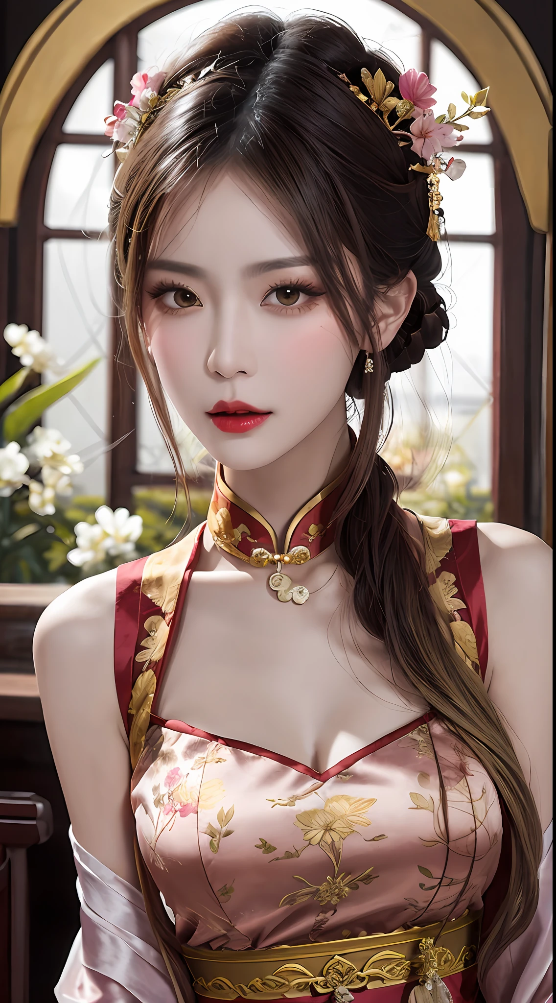 Woman wearing red and gold dress, flower background, palace, hanfu girl, wearing red cheongsam, chinese style, with ancient chinese costume, wearing ancient chinese costume, traditional beauty, Chinese Traditional, chinese girl, cheongsam, chinese costume, chinese princess, hanfu, chinese traditional clothing, chinese costume, 1 27-year-old girl, 1 zodiac goddess from the future, goddess of the pink and purple 12 zodiacs, the goddess of the zodiac in a yellow ao dai, a 12 zodiac ao dai with many black lace detail, mythology Goddess of the 12 zodiacs from the future, zodiac ♏, luxurious glittering zodiac style, dark and mysterious version, zodiac crown, lipstick lips red, thin and beautiful lips, mouth closed, characters made by karol bak and pino daeni, intricate detail, detailed background, extremely detailed, light magic, a woman, clear face, hair long with bangs, beautiful face in detail and well-proportioned eyes, (transparent yellow eyes: 1.8), big round eyes and very beautiful and detailed makeup, foresight, silk dress, mysterious makeup , double bangs and dyed light blonde , upper half portrait, zodiac goddess portrait, arms hanging loosely, Realistic and vivid photo, (stars make up the zodiac: 1.7), (sky background zodiac and fictitious space and time portal: 1.8), fiction art, RAW photo, hanfu picture, best photo, best photo quality, 8k quality, 8k ultra, super realistic, real photo most economical, the goddess poses sexy and seductive,