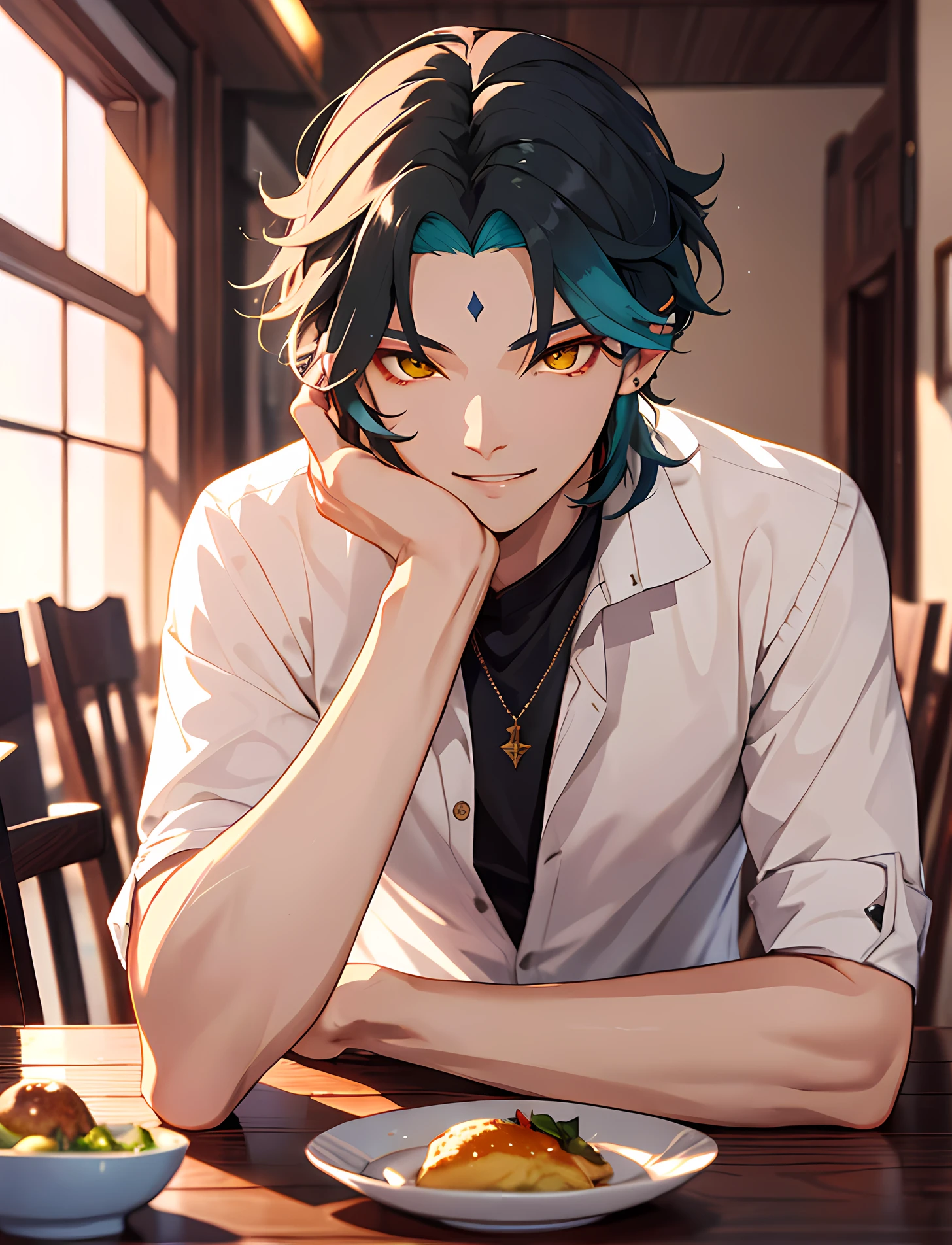 (absurdres, highres, ultra detailed, HDR), masterpiece, best quality, official, xiao (genshin impact), 1boy, solo, handsome, yellow eye, open shirt, table, dining room, smirk