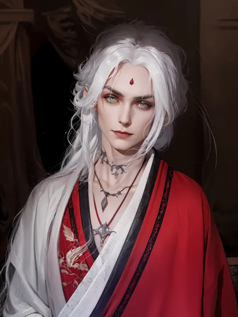 Close-up of a young vampire with white hair and red robes, showing two fangs, white fangs, vampire fangs, long white hair, long ...