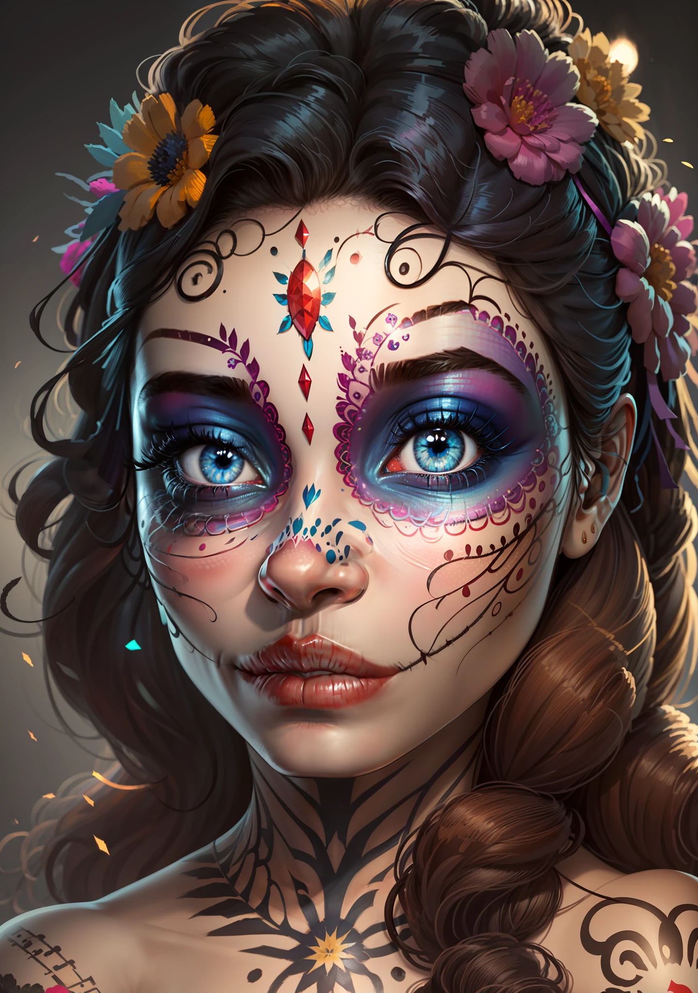 1girl, (makeup by CatrinaMakeUp), (traditional dress), hair flower, blue eyes, long wavy hair, black hair, cute pose, cute, 
(realistic:1.2), (realism), (masterpiece:1.2), (best quality), (ultra detailed), (8k, 4k, intricate),(portrait), ,light particles, lighting, (highly detailed:1.2),(detailed face:1.2), (gradients), sfw, colorful,(detailed eyes:1.2),