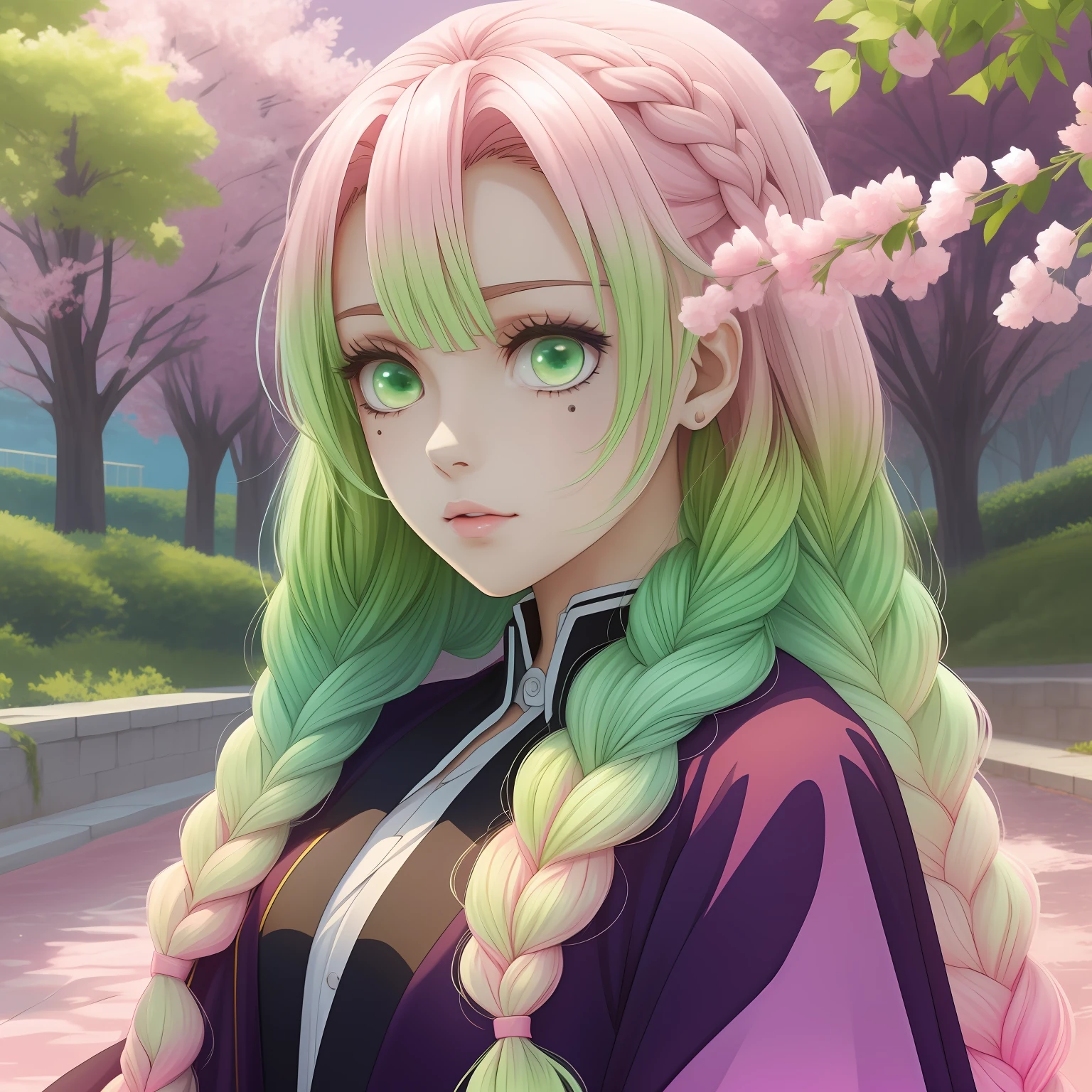 ultra detailed animé style woman, focus on beautiful face with big animé eyes, visage hyperdétaillé, (robes sombres), yeux vert très clair, big animé eyes, (((cheveux de couleur dégradée du rose au vert clair))) (cheveux rose ombré avec extrémités vert clair) Fond de cerisiers, 2 tresses longues et larges, illustration, dessin, animé, mangas, Vecteur, Meilleure qualité, résolution ultra détaillée de 32k,