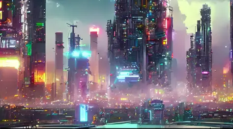 panoramic of a futuristic city with very tall futuristic buildings, spaceships in the sky, a lot of cyberpunk style neon, people...