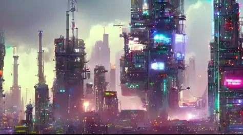 Panoramic of a futuristic city with very tall futuristic buildings, spaceships in the sky, a lot of cyberpunk style neon, people...