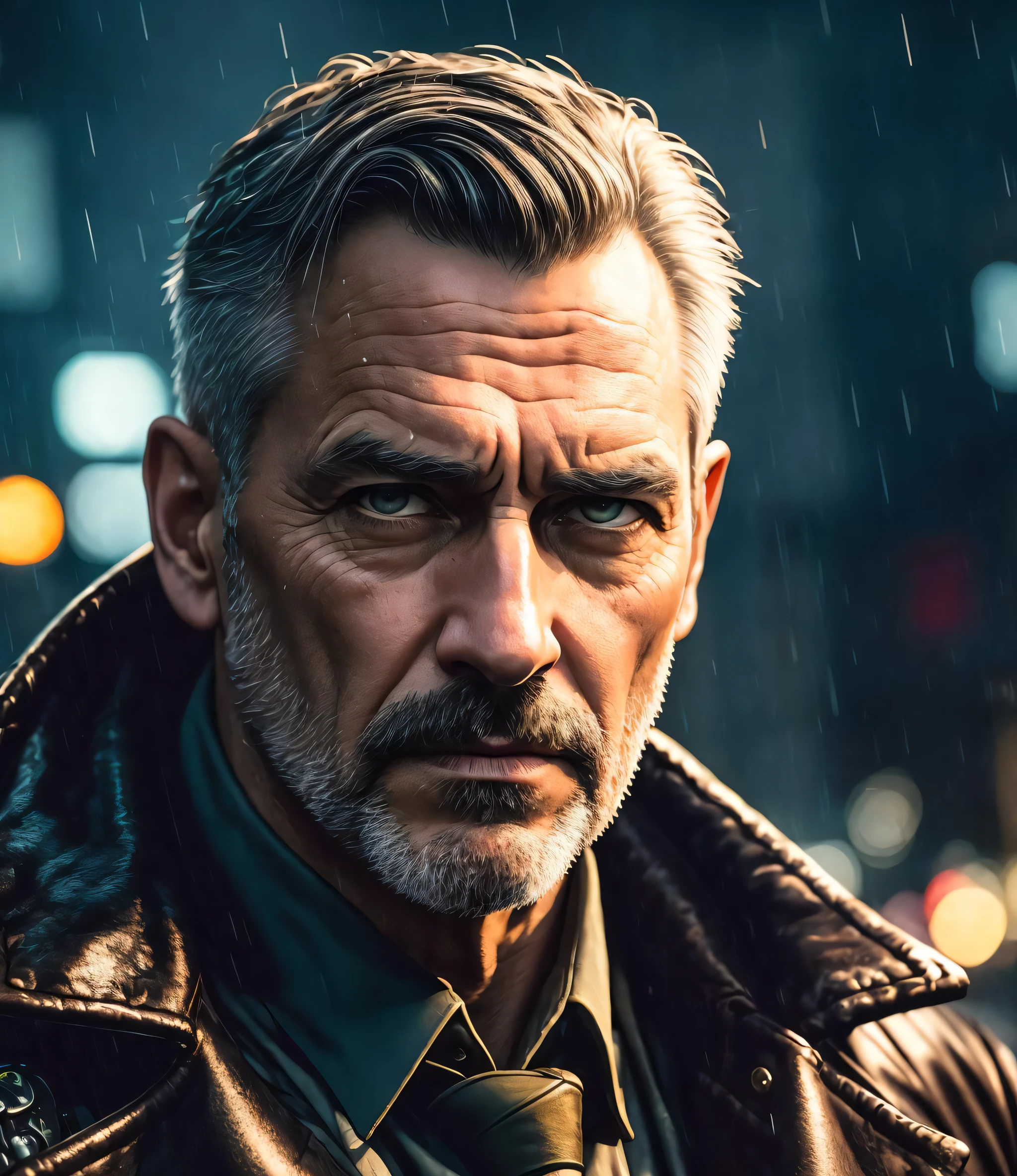 masterpiece, high detail, trending on artstation, realistic, detailed face, overall, a photo of a cyberpunk private detective, old man, dark hair, dirty, drone, Blade Runner city, neo lights, dark, rain, night, RAW, canon r6, wide shot, sharp, blurry background, rule of thirds, dramatic lights, dark shadows