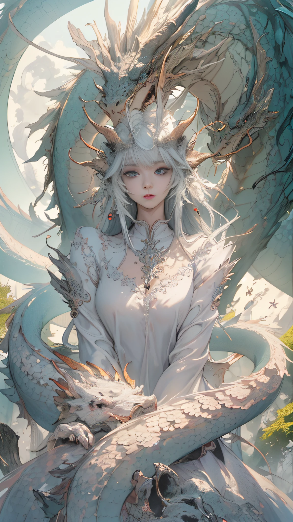 一条白色的神龙，身上有白色的鳞片, 缠绕着仙女, 长发飘逸、五官精致的仙女, 穿着层次分明细腻的长裙, 和美丽的头饰