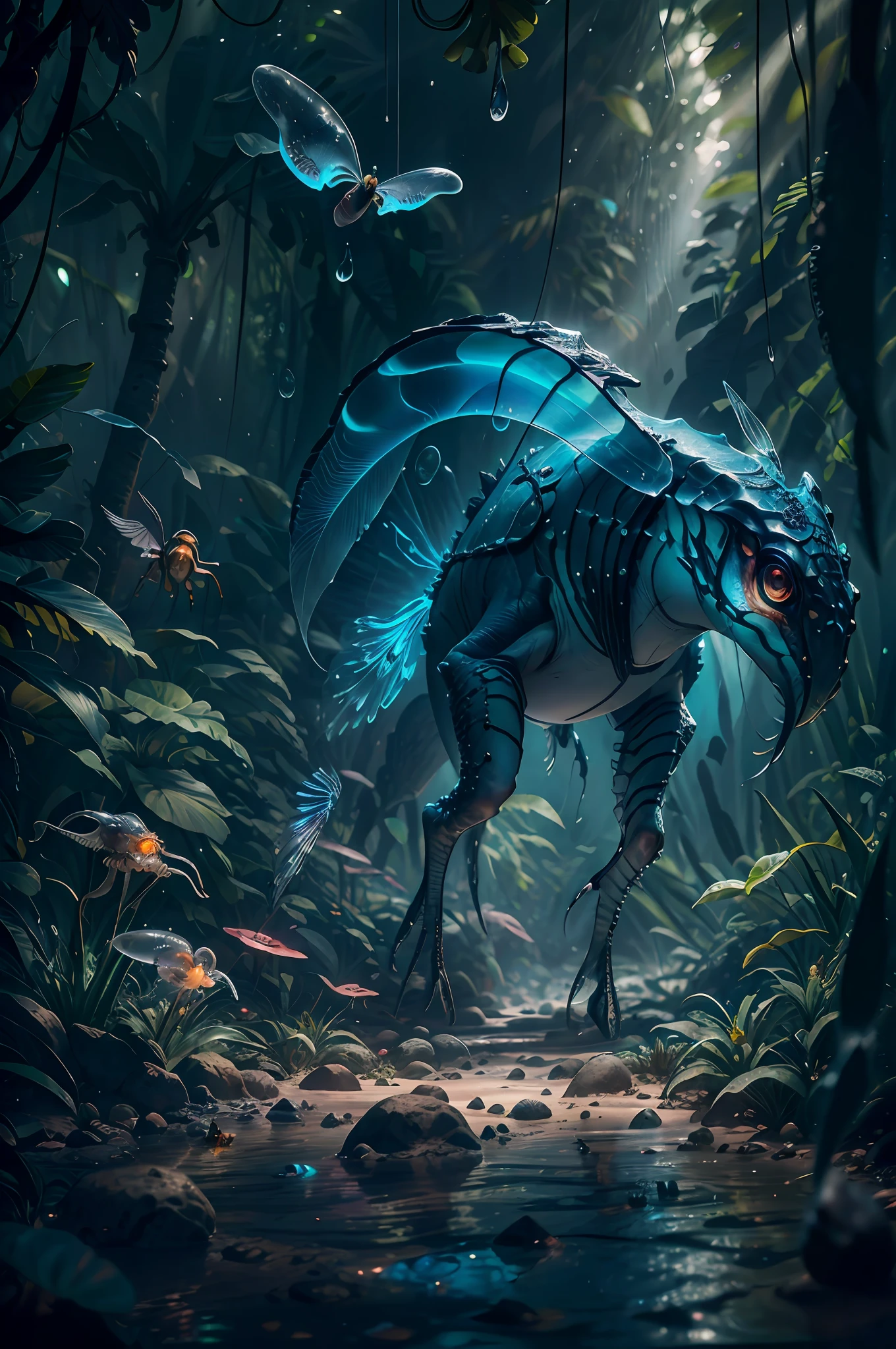 Giant creature on the jungle, six legs creature whith transparent and lighting body, cristal wings, walking on all six legs, (((cuttlefish head))), ((four eyes)), six leghs, in the jungle, jungle, rain forest, high image quality, realistic look, high-resolution photography, 8K, full-frame matrix, deep shadows, ((one character)), (intricate details, subsurface scattering, hyperdetailed:1.15), (hyperrealism, volumetric lighting, sharp:1.5) Fujifilm XT3