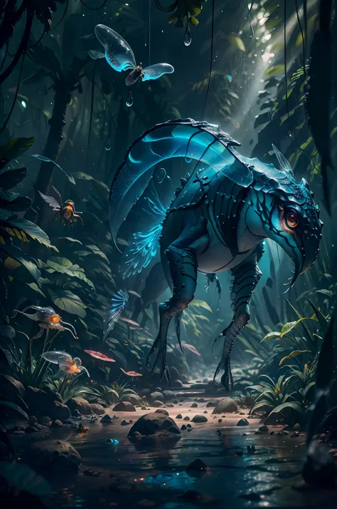 Giant creature on the jungle, six legs creature whith transparent and lighting body, cristal wings, walking on all six legs, (((...