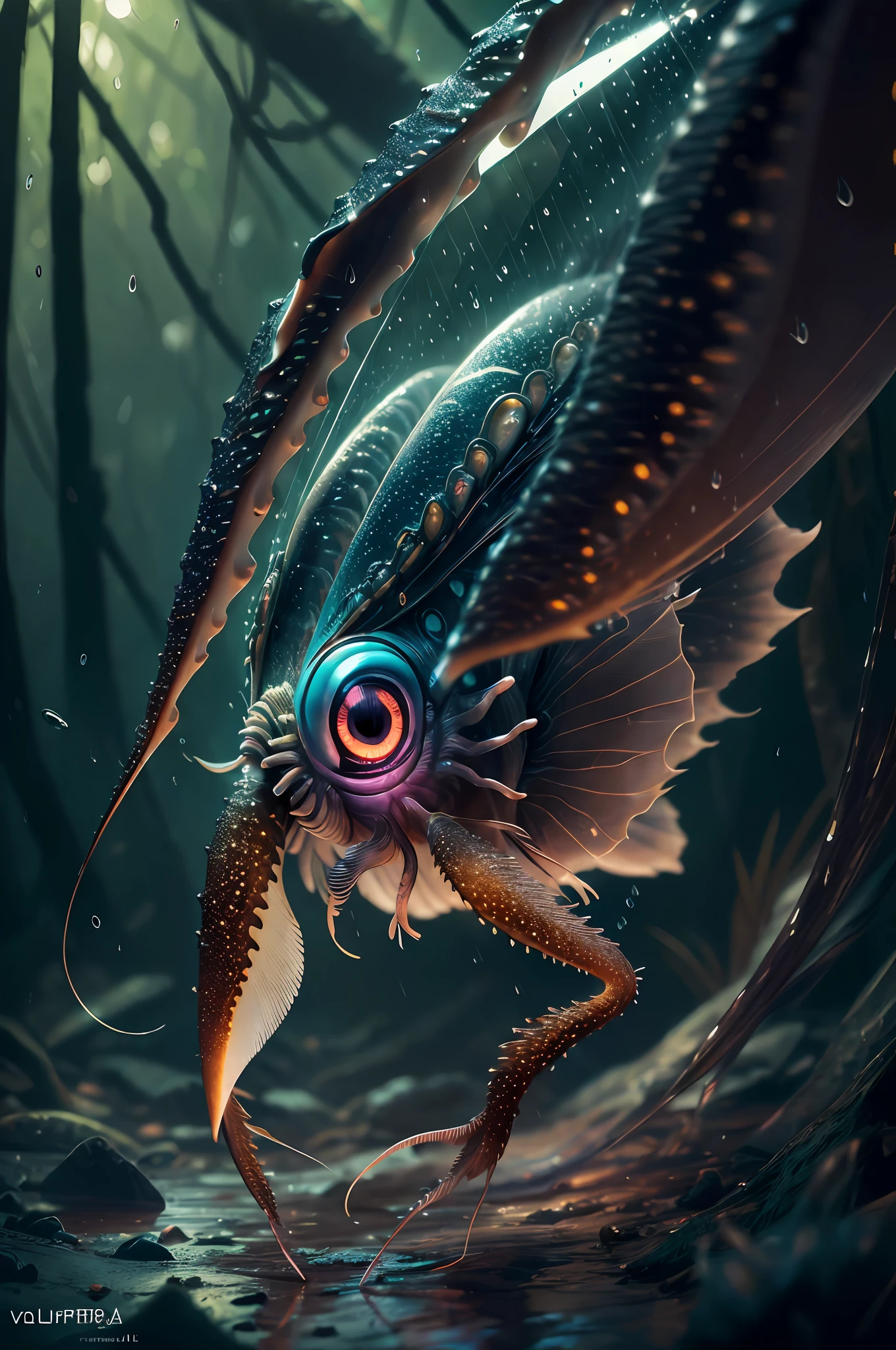 Big six legs creature whith transparent and lighting body, long wings, walking on all six legs, (((cuttlefish head))), ((four eyes)), six leghs, in the jungle, jungle, rain forest, high image quality, realistic look, high-resolution photography, 8K, full-frame matrix, deep shadows, ((one character)), (intricate details, subsurface scattering, hyperdetailed:1.15), (hyperrealism, volumetric lighting, sharp:1.5) Fujifilm XT3