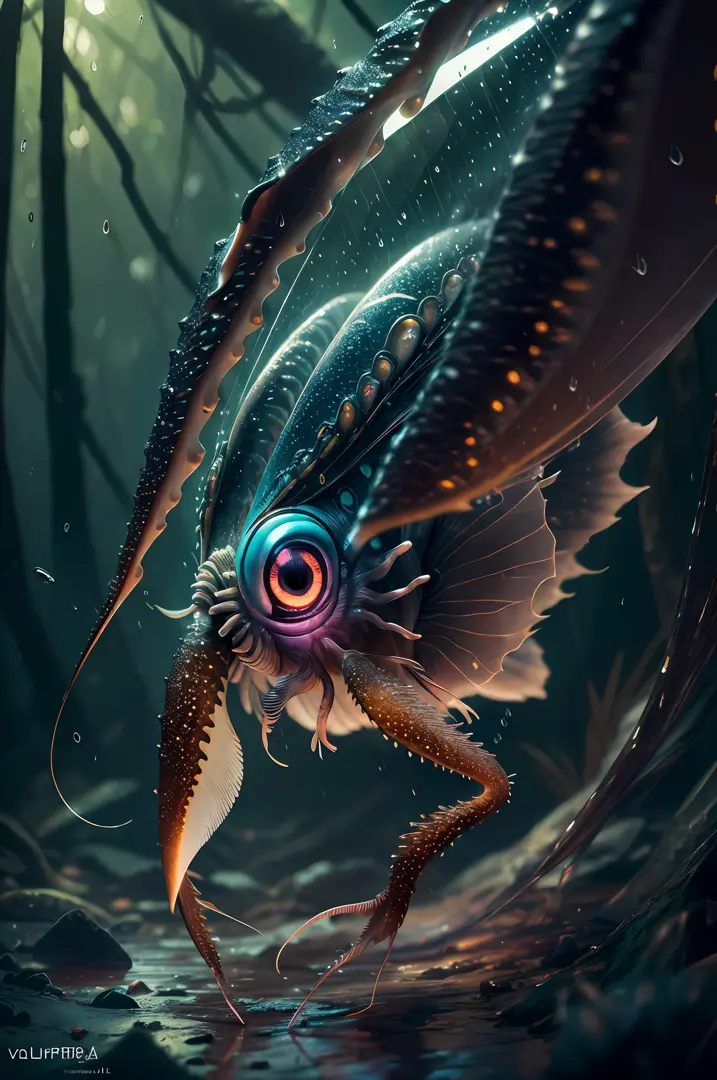 Big six legs creature whith transparent and lighting body, long wings, walking on all six legs, (((cuttlefish head))), ((four ey...