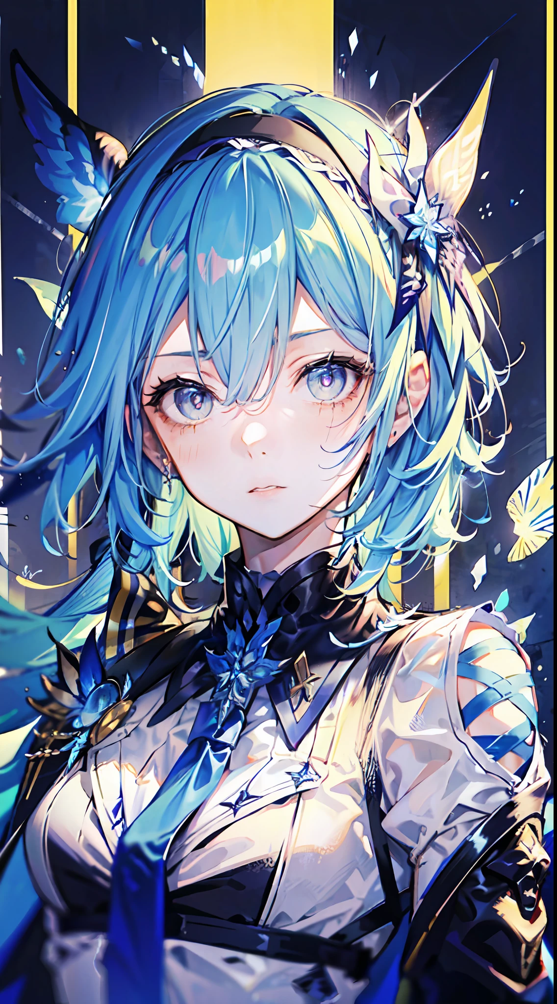 1girl, (solo:1.2), ((masterpiece)), [slim], (small chest), ((detailed eyes)), (bokeh effect), medium shot, euladef, (light blue hair), short hair, black hairband, (blue gloves), (blue tie), elegant