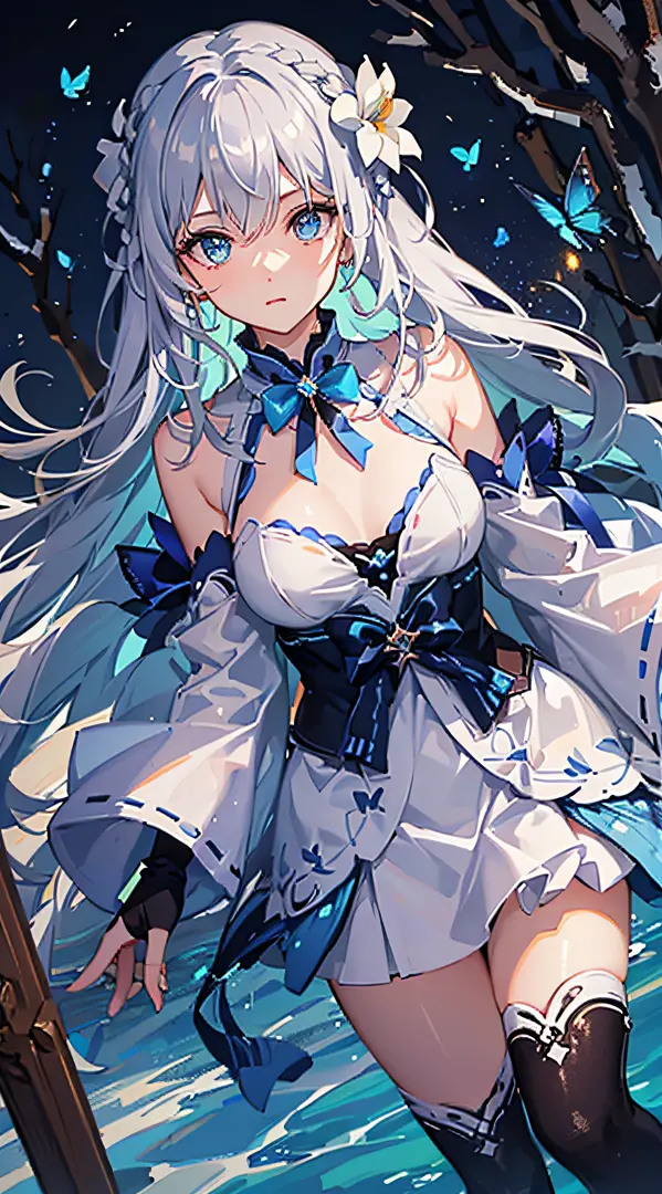 (Overhead view),dynamic angle,ultra-detailed, illustration, close-up, straight on, 1girl, (fantasy:1.4), (azure blue eyes:1.233),Her eyes shone like dreamy stars,(glowing eyes:1.233),(beautiful and detailed eyes:1.1),(Silver hair:1.14),(messy hair,very lon...