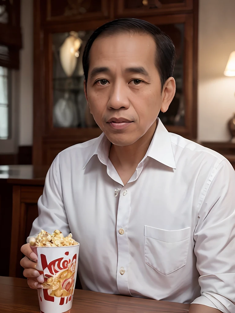 4k, Best quality, masterpiece, ultra high res, beautiful lighting, (realistic, photo-realistic:1.4), realistic background,  jokowi, 1man, 50 years old, eat popcorn