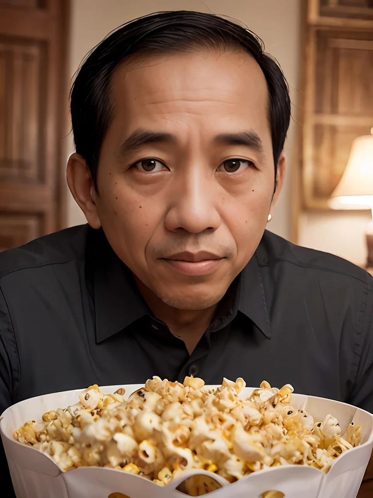 4k, beste Qualität, Meisterwerk, ultrahohe Auflösung, schöne Beleuchtung, (realistisch, photo-realistisch:1.4), realistisch background,  jokowi, 1 Mann, 50 Jahre alt, Iss Popcorn