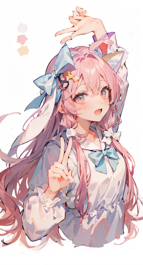 anime girl with long pink hair and a bow on her head, with index finger, with bunny ears, with big rabbit ears, with long floppy...