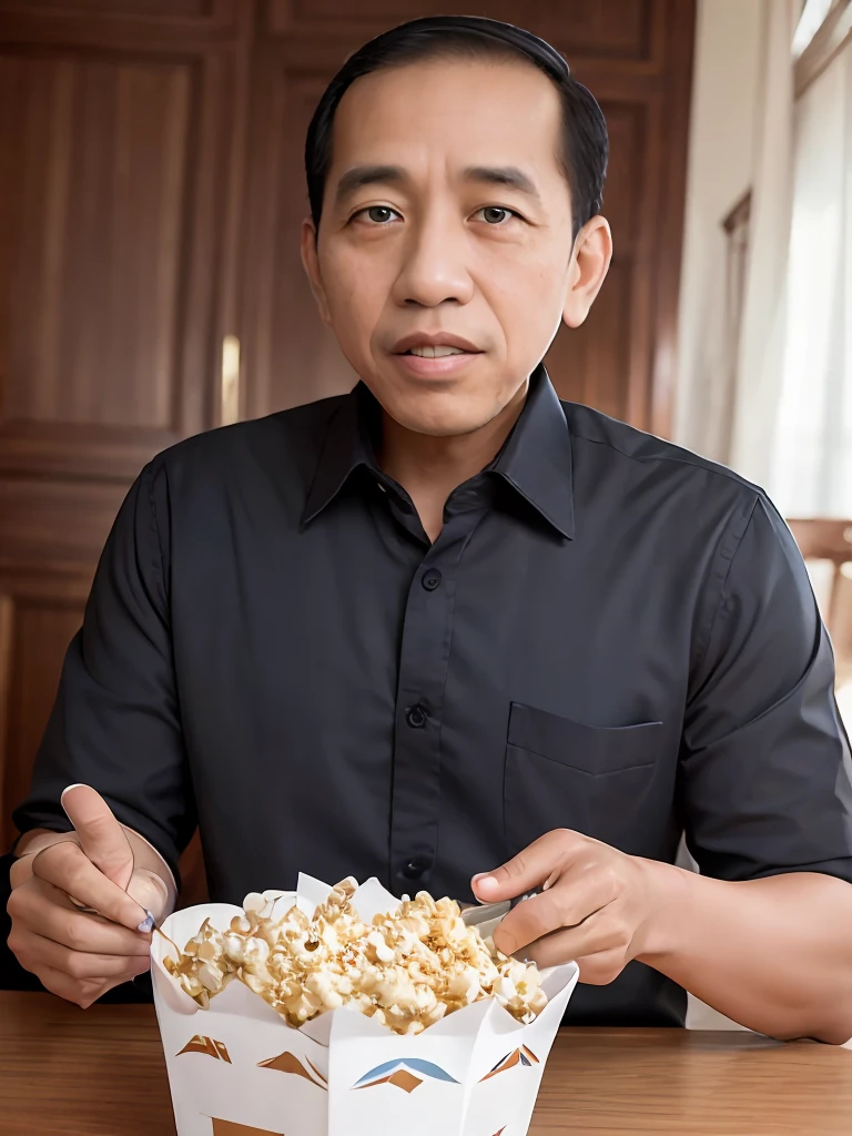 4k, beste Qualität, Meisterwerk, ultrahohe Auflösung, schöne Beleuchtung, (realistisch, photo-realistisch:1.4), realistisch background,  jokowi, 1 Mann, 50 Jahre alt, Iss Popcorn