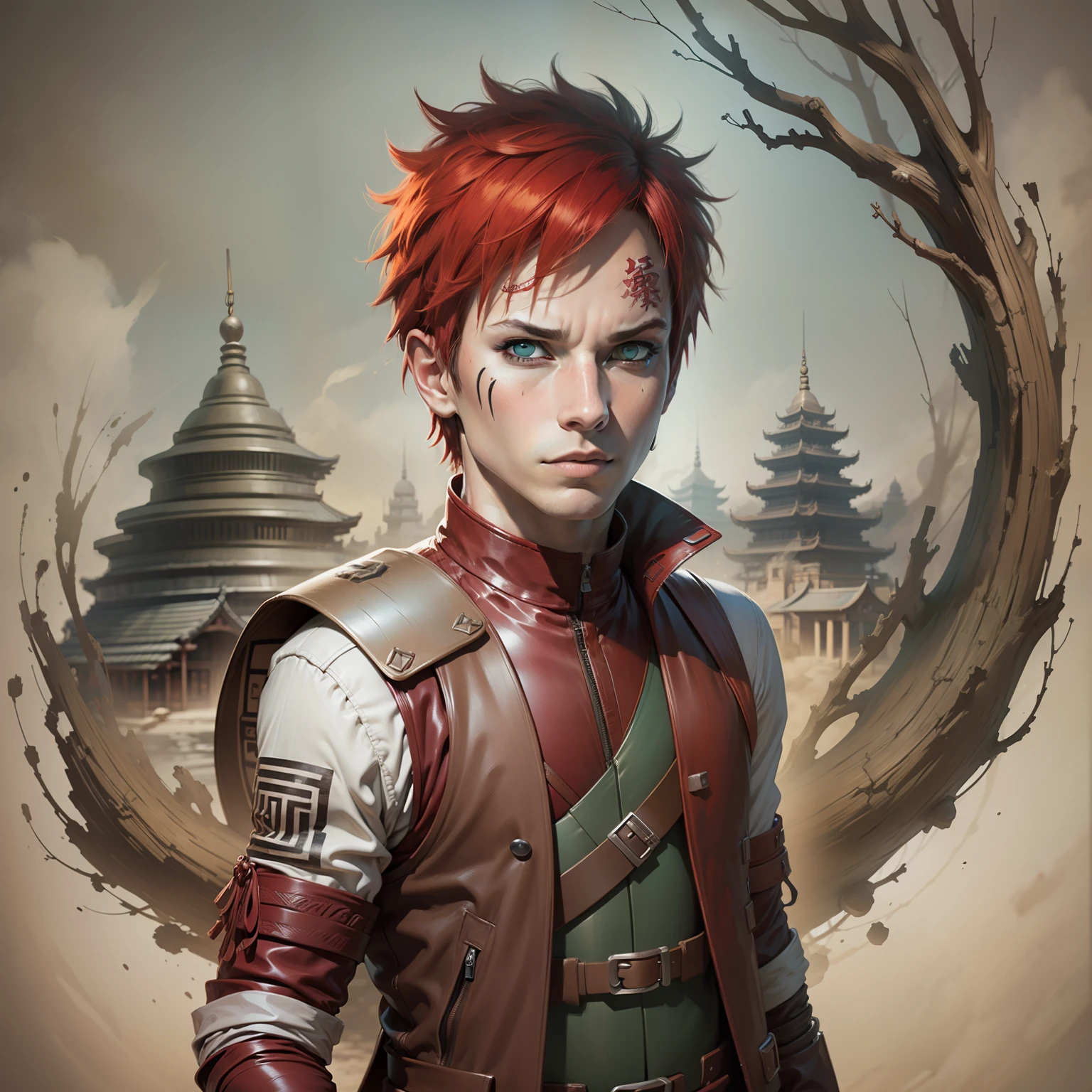 gaara, vest, face brand, fantasy, magic, ninja, parchment, gourd, anime, oriental background, temples Pop art, textured skin, super detail, high details, high quality