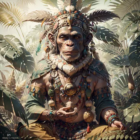Chimpanzee ((Indian Shaman)),,((meditative state),,Shaman, elegant chimpanzee, hair with details, with Indian headdress on head,...