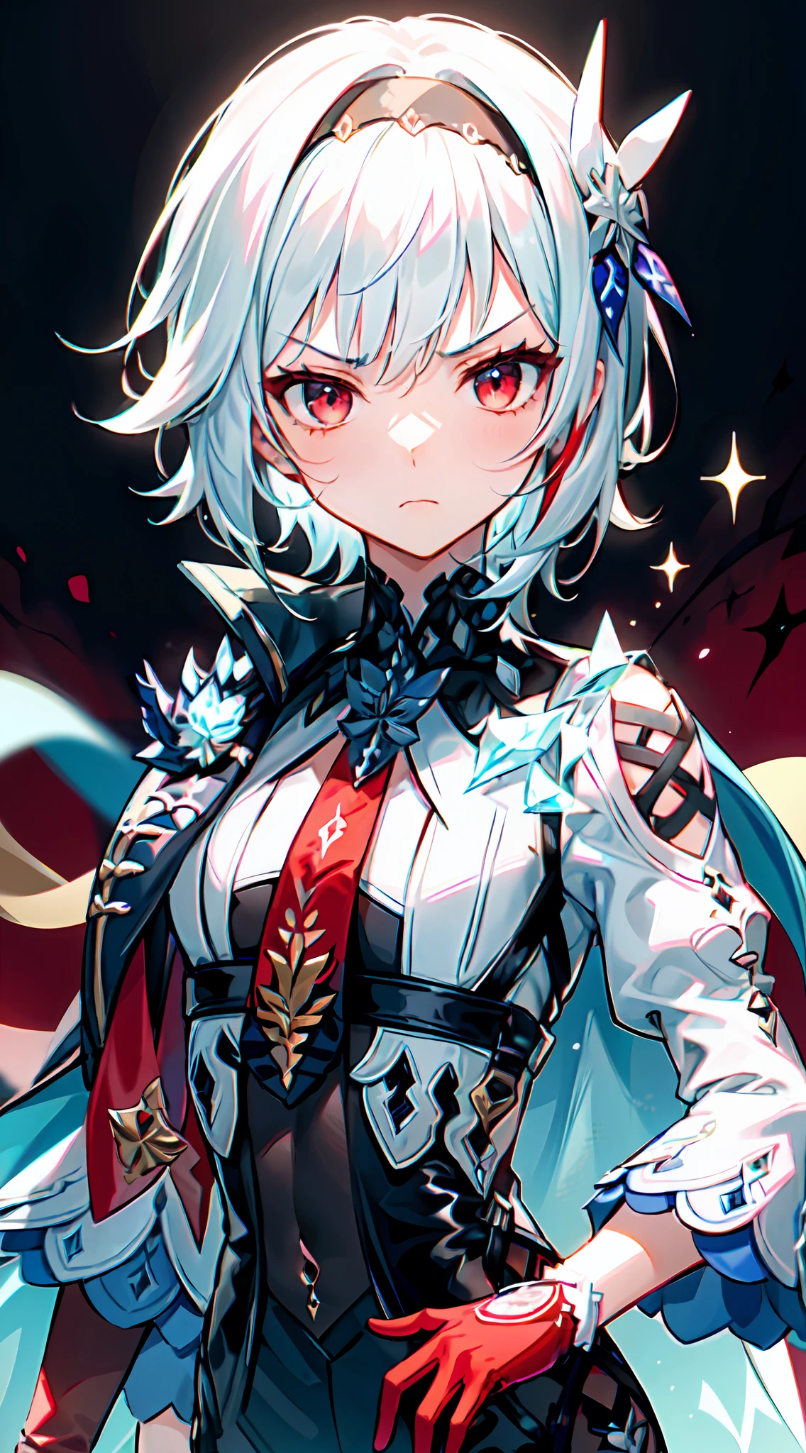1girl, (solo:1.2), ((masterpiece)), [slim], (small chest), ((detailed eyes)), (bokeh effect), medium shot, euladef, (white hair), short hair, red hairband, (red gloves), (red tie), elegant, (cold), narrowed eyes, (frown), (red eyes), (evil theme), dark background, icy effect