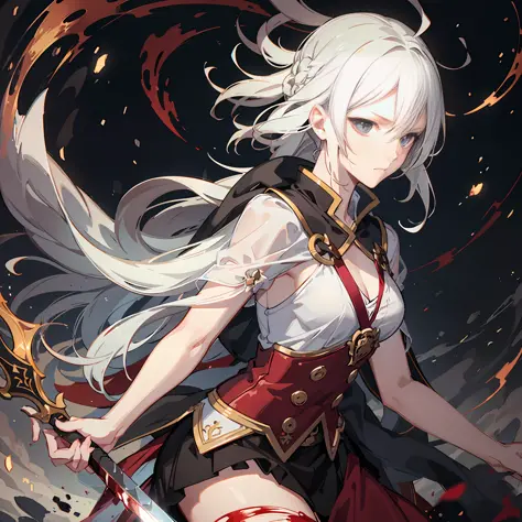 anime girl，（fluffy）long hair to the waist，squat，knee inward（and  together），wearing a dark gray coat，She is wearing a white sailor uniform  underneath.，red cloth scarf，black stockings，（anger，complaint，desperately） frown，My eyes were full ...