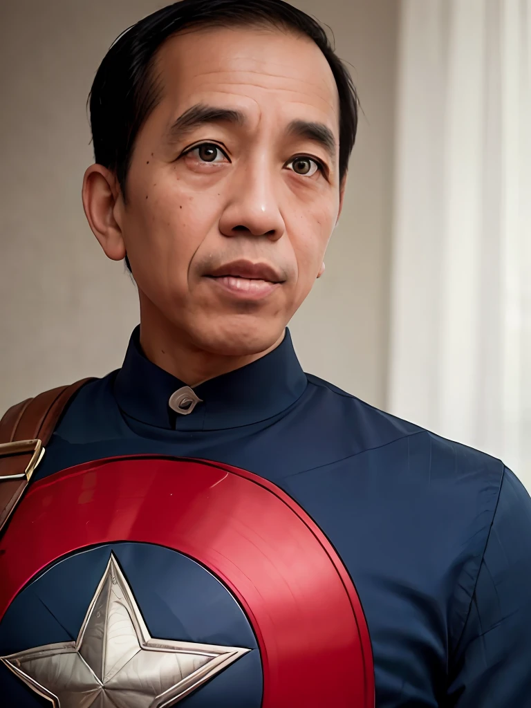 4k, beste Qualität, Meisterwerk, ultrahohe Auflösung, schöne Beleuchtung, (realistisch, photo-realistisch:1.4), realistisch background,  jokowi, 1 Mann, 50 Jahre alt, trage das Superhelden-Outfit von Captain America, langer Schuss,