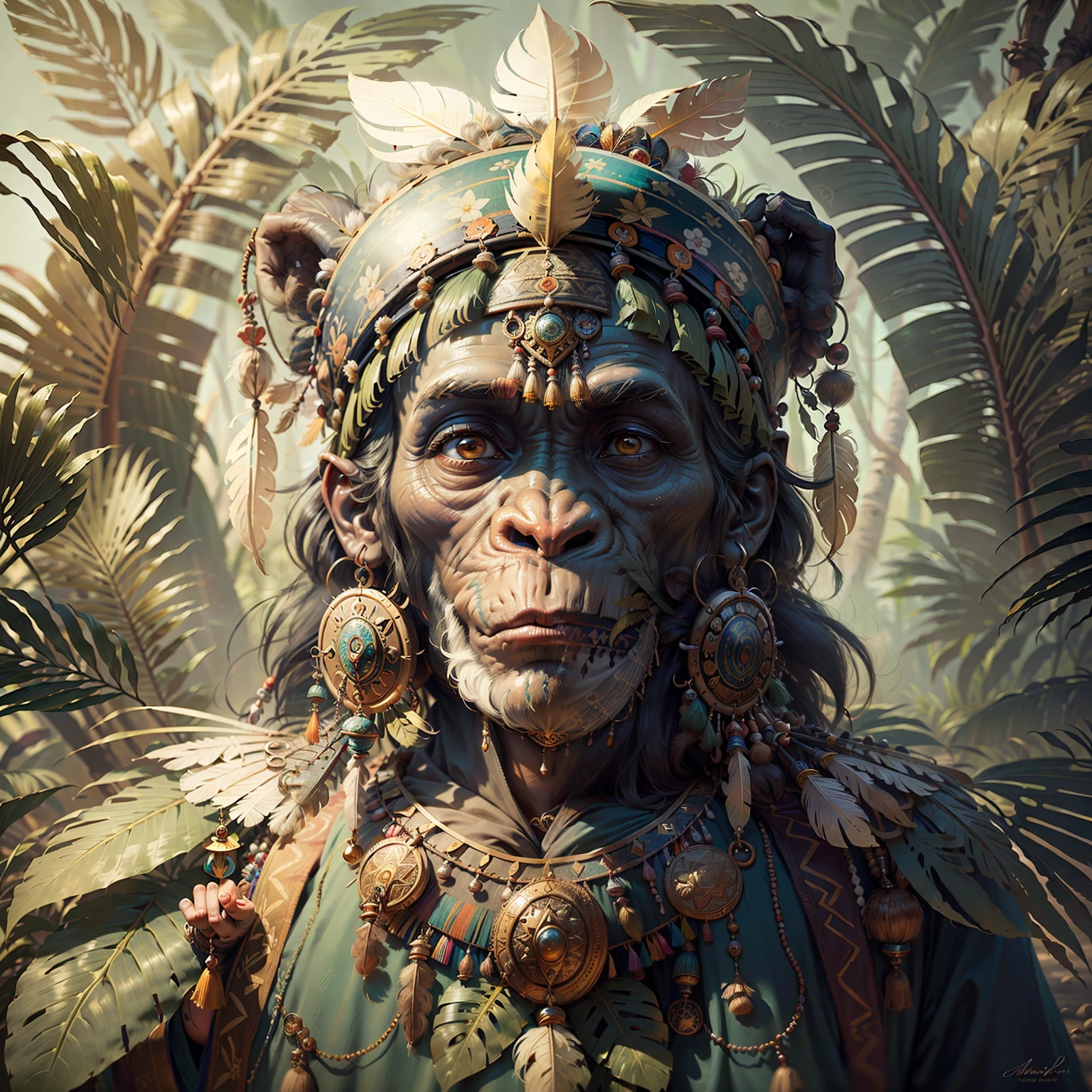 Chimpanzee ((Indian Shaman)),,((meditative state),,Shaman, elegant chimpanzee, hair with details, with Indian headdress on head, ((meditating)) many colorful feathers, colorful feathers, facing the camera, detail: dense tropical foliage, highly detailed intricate, ((masterpiece)), ultra hyperrealistic, masterpiece