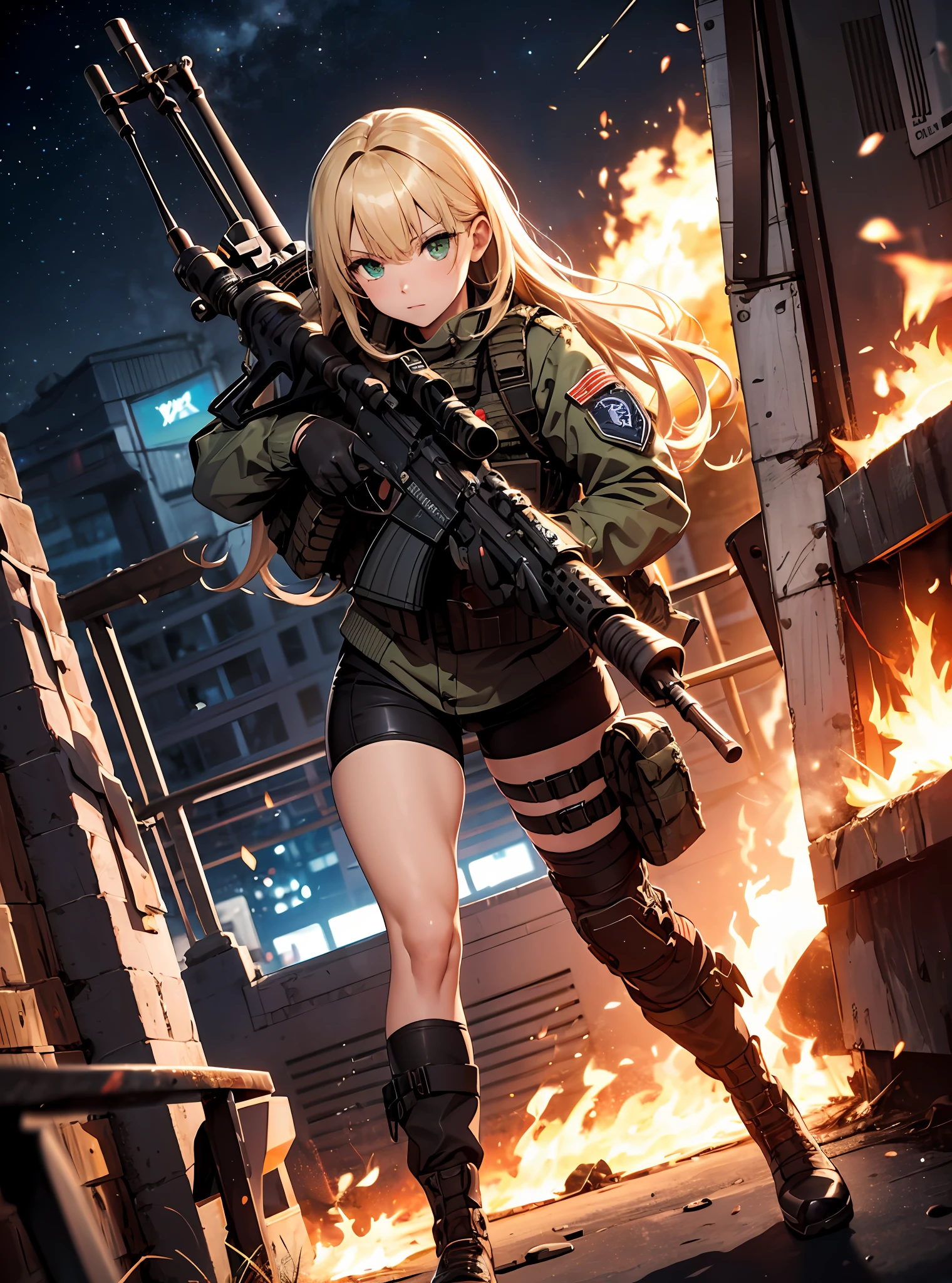 {{Masterpiece, top quality, highly detailed CG, 16K, movie lighting, lens flares}}, one girl of a special forces operative, (aiming a huge rifle), (wide view), thick body, Photorealistic: 1.4, long blonde hair, green eyes, aiming, ((Boarding gate of combat helicopter: 1.6)), SWAT, night footage, the sky clouded by plumes, plumes rising from flames, from above, aiming, rifle aiming, lock-on, rifle knee shooting, full body shot
