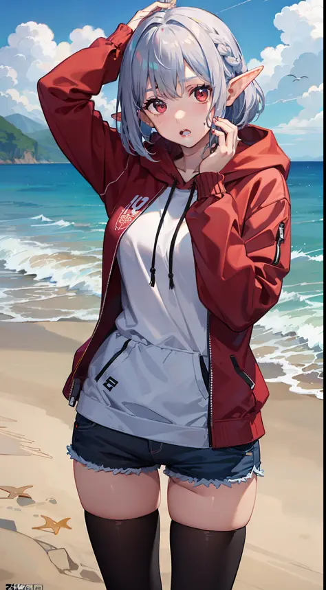 ((Put your hands on your face)), (surprised)), (Red face), 1 girl closeup, Elf, Silver hair, Red eyes, Bob cut, Braided hair, Hoodie, Shorts, Tights, Sea, Beach, Seashore, TS, Concept art, Beautiful anime scene, Beautiful anime scene, Beautiful anime scene...