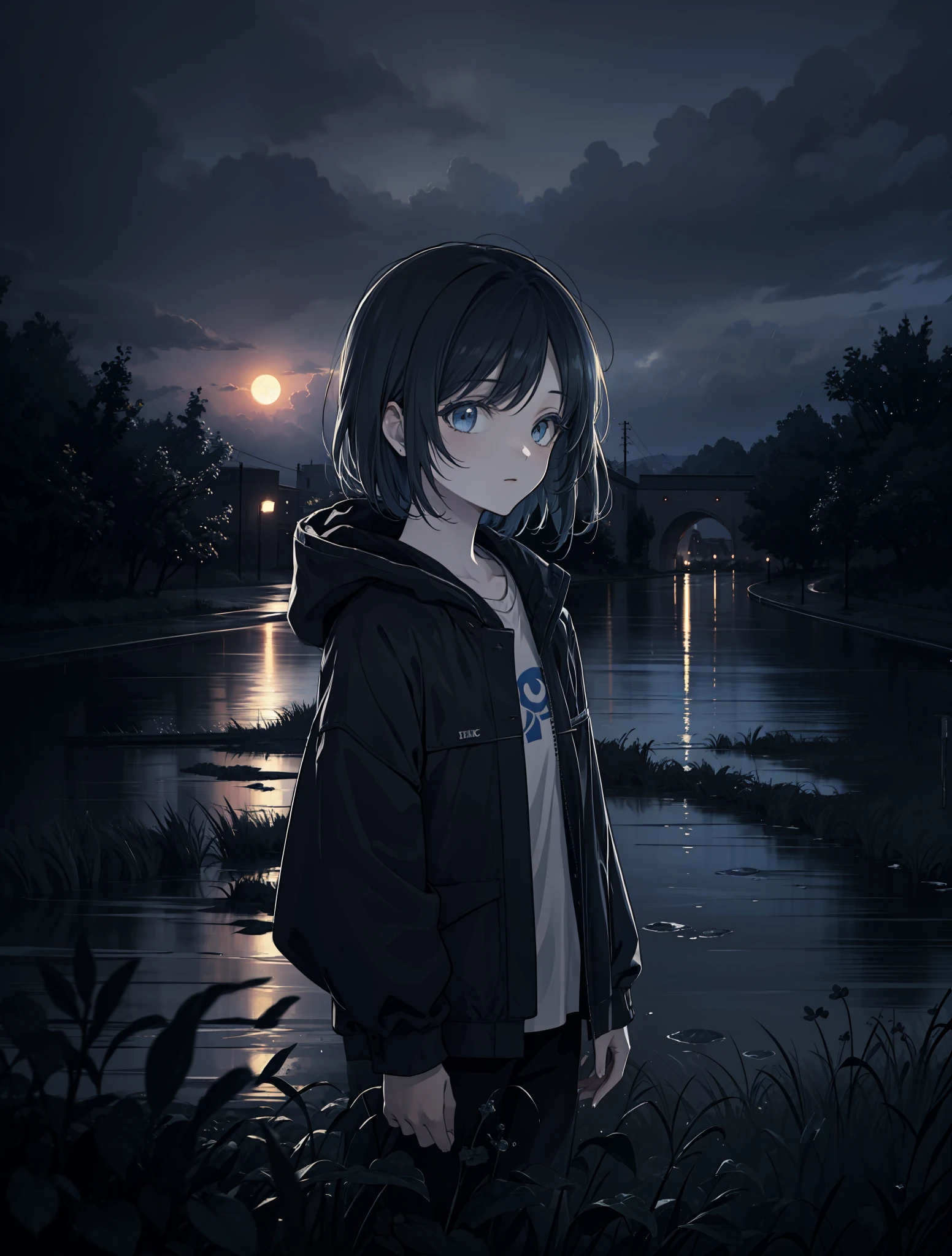 phblue, scenery, no humans, landscape,  (masterpiece,best quality:1.4), blue theme, city, dusk, 1girl, rain,cowboy shot, close up,