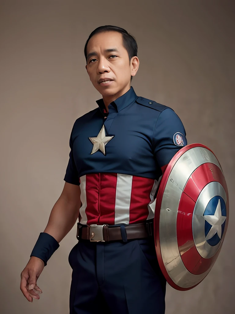 4k, beste Qualität, Meisterwerk, ultrahohe Auflösung, schöne Beleuchtung, (realistisch, photo-realistisch:1.4), realistisch background,  jokowi, 1 Mann, 50 Jahre alt, Tragen Sie das Superhelden-Outfit von Captain America mit einer konkaven Scheibe, langer Schuss,