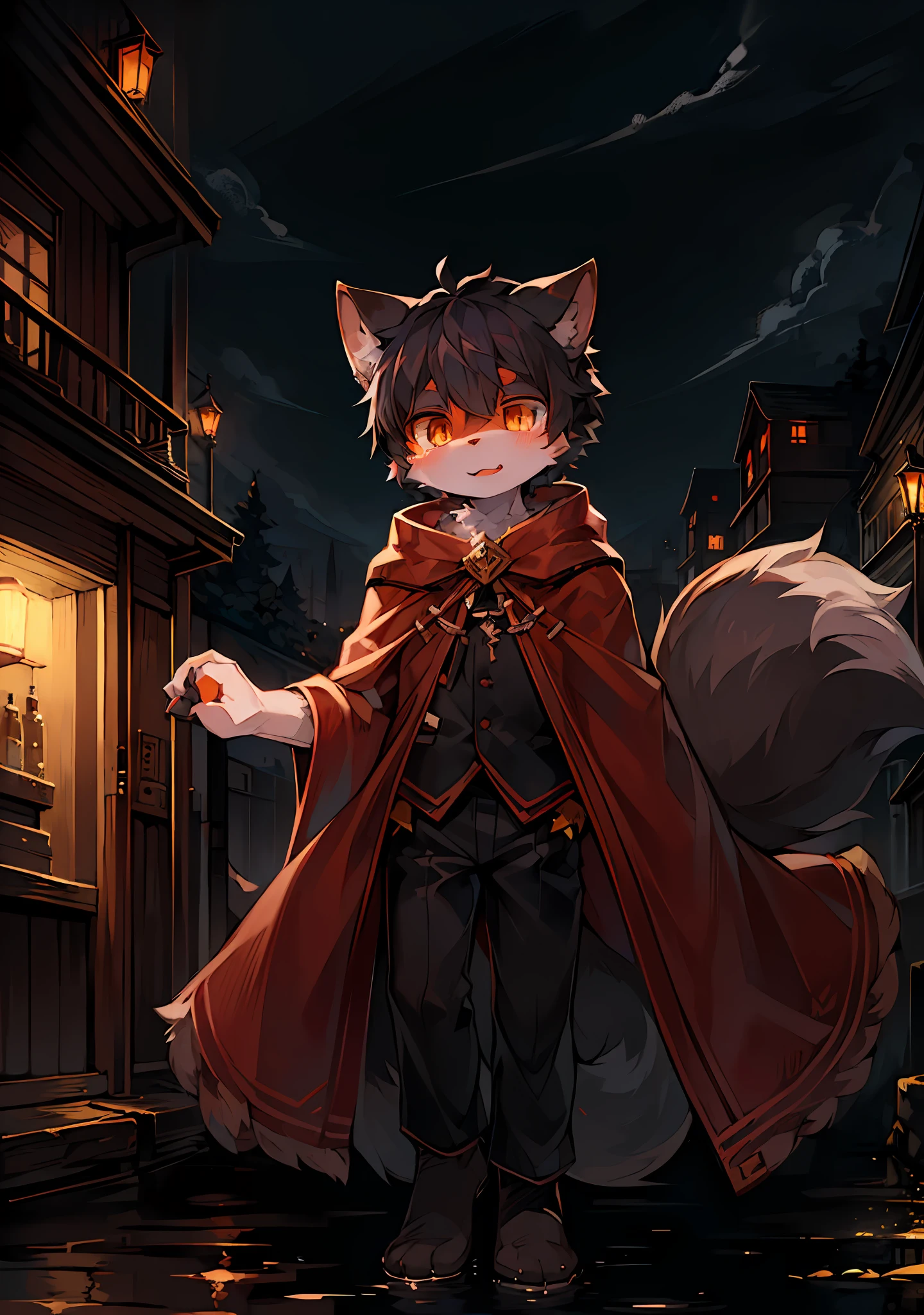 (Dark Environment: 0.8), Masterpiece, High Quality, Abstract Res, Digital Painting\(artwork\), by Dagasi, Yupa, Kiyosan, (Anthro, Fluffy Fur, Character Focus: 1.1), Anthro Male Cat, Short Hair, Portrait , bright eyes, panorama, character focus. (detailed background: 0.7), solo, furry, furry male, male focus, anthr, (full body fur, fluffy tail, black fur, orange eyes, black hair: 1.2), (canids, vampires, cape: 1.2), (summer, night, outdoors, riverside: 1.1), wolf type