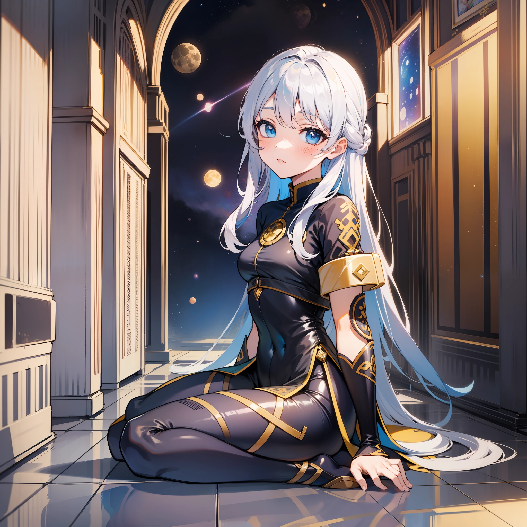 Wariza, wariza sitting position, 1girl, silver hair, blue eyes, space background, yellow moon, corridor,