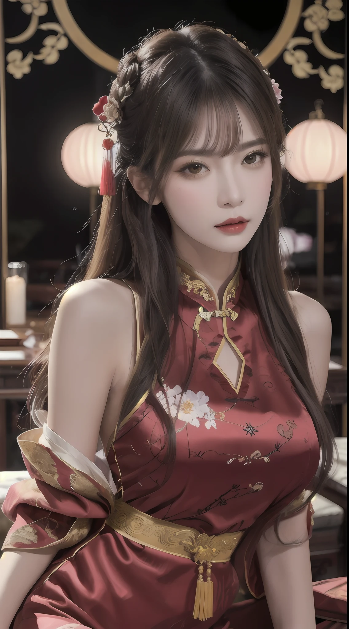 穿着红色和金色连衣裙的女人, 花背景, 宮, Hanfu girl, wearing red 旗袍, 中式, with ancient 中国服饰, wearing ancient 中国服饰, 传统美, 中国传统的, 中國女孩, 旗袍, 中国服饰, 中国公主, Hanfu, 中國傳統服飾, 中国服饰, 1 27歲女孩, 1 十二生肖 goddess from the future, goddess of the pink and purple 12 十二生肖s, the goddess of the 十二生肖 in a yellow ao dai, a 12 十二生肖 ao dai with many black lace detail, mythology Goddess of the 12 十二生肖s from the future, 十二生肖 ♏, luxurious glittering 十二生肖 style, 黑暗而神秘的版本, 十二生肖 crown, 口紅 嘴唇 紅色, 薄而美麗的嘴唇, 嘴閉著, 由 karol bak 和 pino daeni 製作的角色, 複雜的細節, 詳細背景, 非常詳細, 光魔法, 一个女人, 清晰的臉, 長髮瀏海, 美麗的臉龐細節和比例勻稱的眼睛, (透明的黃色眼睛: 1.8), 圓圓的大眼睛和非常漂亮細緻的妝容, 遠見, 真丝连衣裙, 神秘妝容 , 雙瀏海和染成淺金髮 , 上半身肖像, 十二生肖 goddess portrait, 手臂鬆鬆地垂著, 真實生動的照片, (stars make up the 十二生肖: 1.7), (sky background 十二生肖 and fictitious space and time portal: 1.8), 小說藝術, 原始照片, Hanfu picture, 最好的照片, 最好的照片 quality, 8K畫質, 8K 超高清, 超级逼真, 實拍最經濟, 女神姿勢性感誘人,