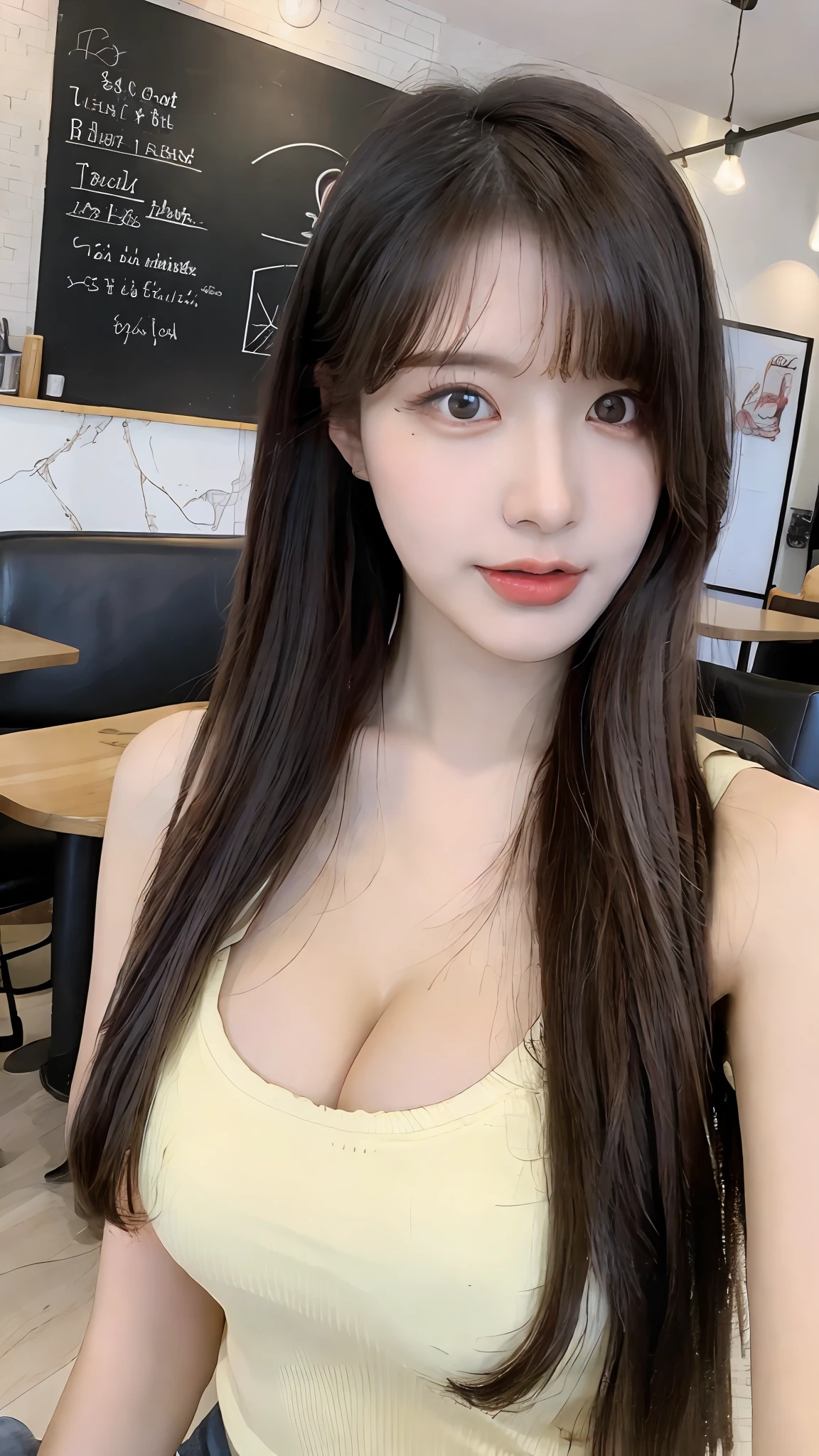 (realistic, high resolution:1.3), 1 girl with perfect figure, super fine face and eyes, long hair, tank top: 1.2 in random colors, short jeans, in a café, coffee on the table, big breasts, exposed cleavage