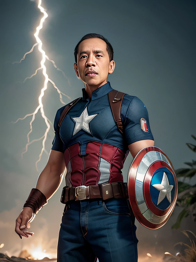 4k, beste Qualität, Meisterwerk, ultrahohe Auflösung, schöne Beleuchtung, (realistisch, photo-realistisch:1.4), realistisch background,  jokowi, 1 Mann, 50 Jahre alt, Tragen Sie das Superhelden-Outfit von Captain America mit einer konkaven Scheibe, langer Schuss, Professionelles Foto eines atemberaubenden Mannes detailliert, filmische Beleuchtung, octane render, unwirkliche Engine, Volumenmessung DTX