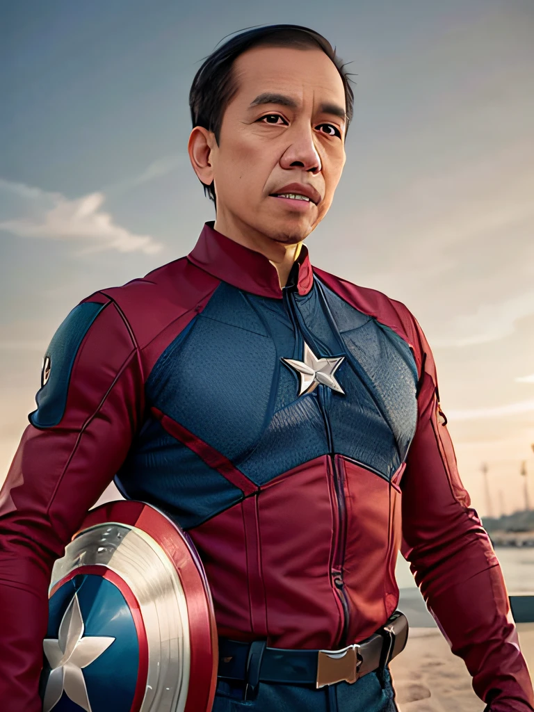 4k, beste Qualität, Meisterwerk, ultrahohe Auflösung, schöne Beleuchtung, (realistisch, photo-realistisch:1.4), realistisch background,  jokowi, 1 Mann, 50 Jahre alt, Tragen Sie das Superhelden-Outfit von Captain America mit einer konkaven Scheibe, langer Schuss, professionelle Fotografie