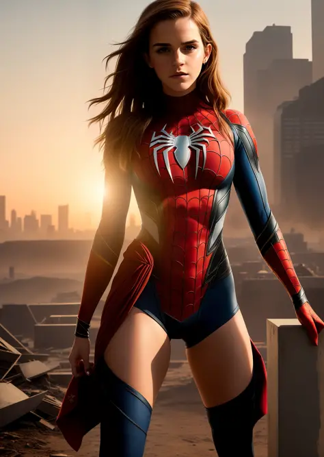 Emma Watson in detailed brown Spider-Man costume, big breasts, masterpiece, big hips, superhero pose, abs standing in ruined city at sunset, hyperdetail, smoke, sparks, sun rays (8k), realistic, symmetrical, award-winning, film-soaked cinematic lightning, ...