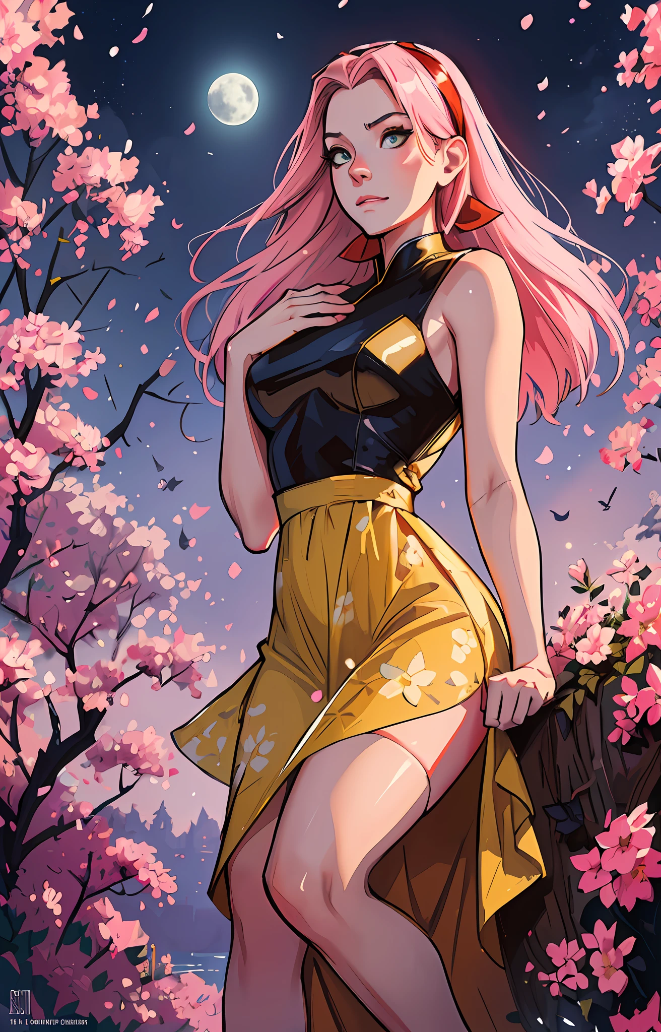 Sakura haruno, ((solo)), alone, ((forehead to show)), elegant,wearing a yellow flowery dress, pink hair, delicate, young, long hair, detailed face, high definition, ((full body)), full body, ((serious)), in a garden, looking at the moon, she is a beautiful woman of success, face with high quality,CEO, defined eyes, high definition, sharp, sharp features, red bow in hair, Trending on Artstation, by Rhods, Andreas Rocha, Rossdraws, Makoto Shinkai, Laurie Greasley, Lois van Baarle, Ilya Kuvshinov and Greg Rutkowski