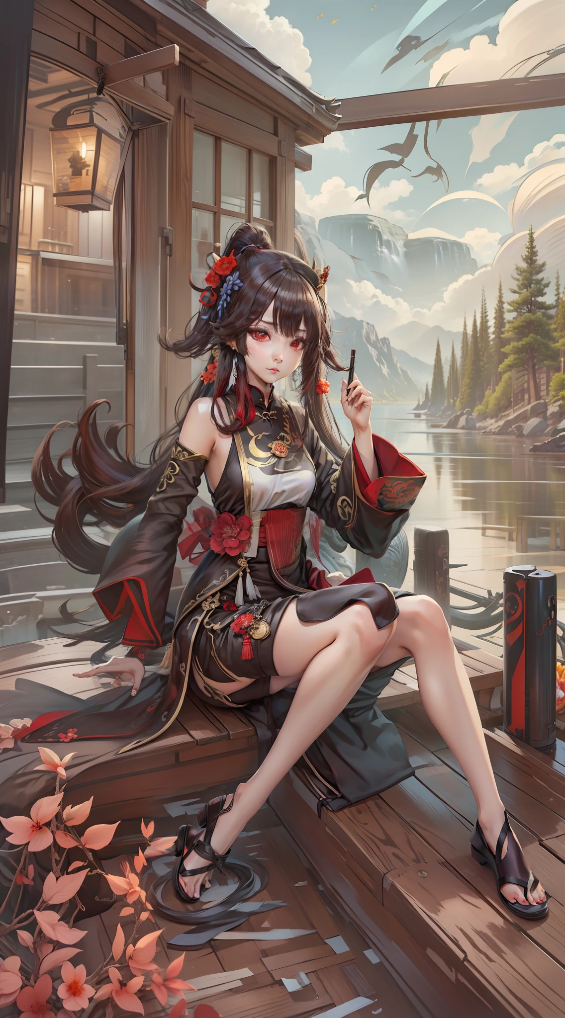 Masterpiece, Excellent, 1girl, Hu Tao (Genshin), Bu Tao, Hat, Red Eyes, Double Ponytail, Brown Hair, Solo, Symbolic Pupils, Long Hair, Bangs, Black Shorts, Hanfu, Chibi